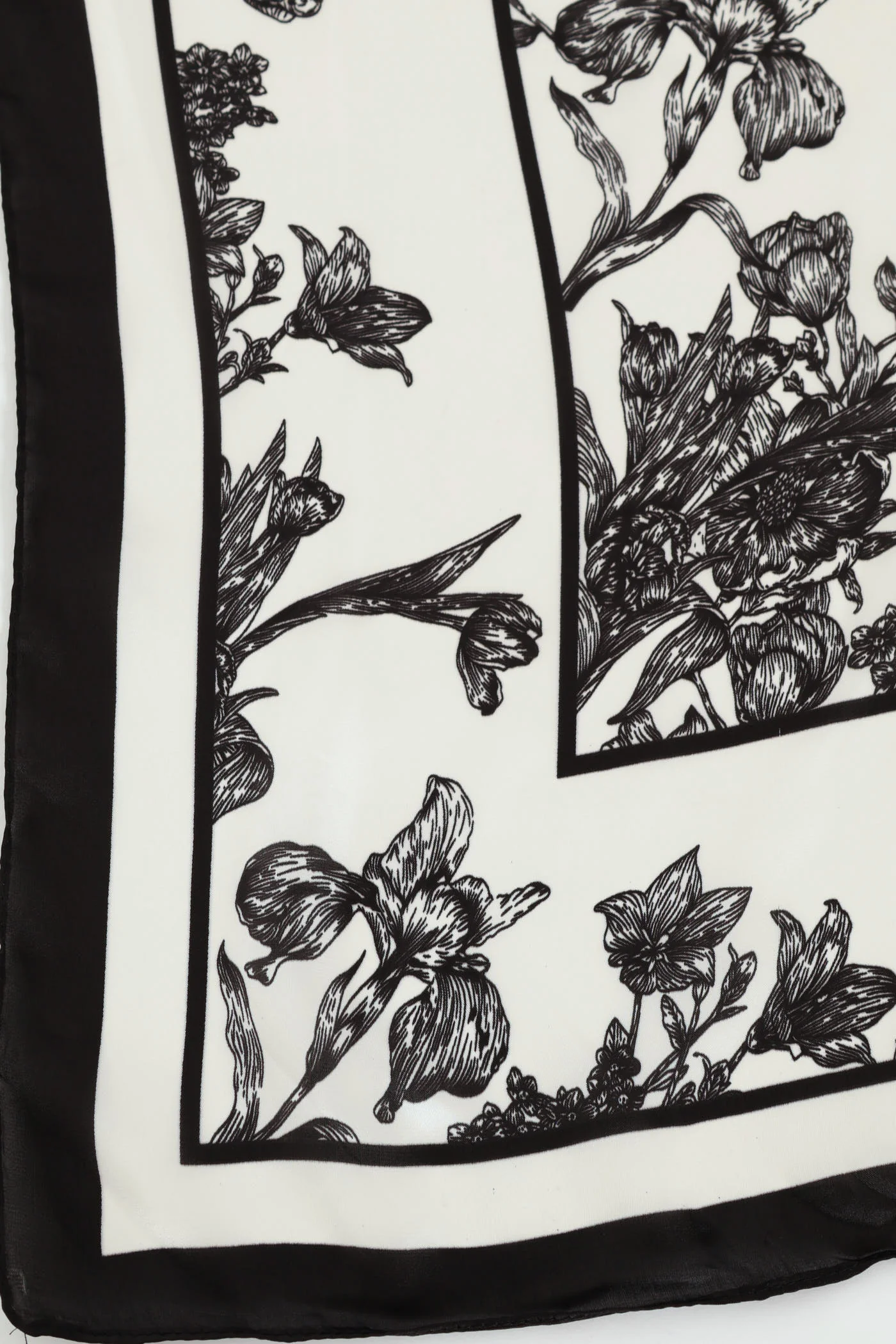 Floral Border Print Satin Feel Scarf - White/Black - Image 2