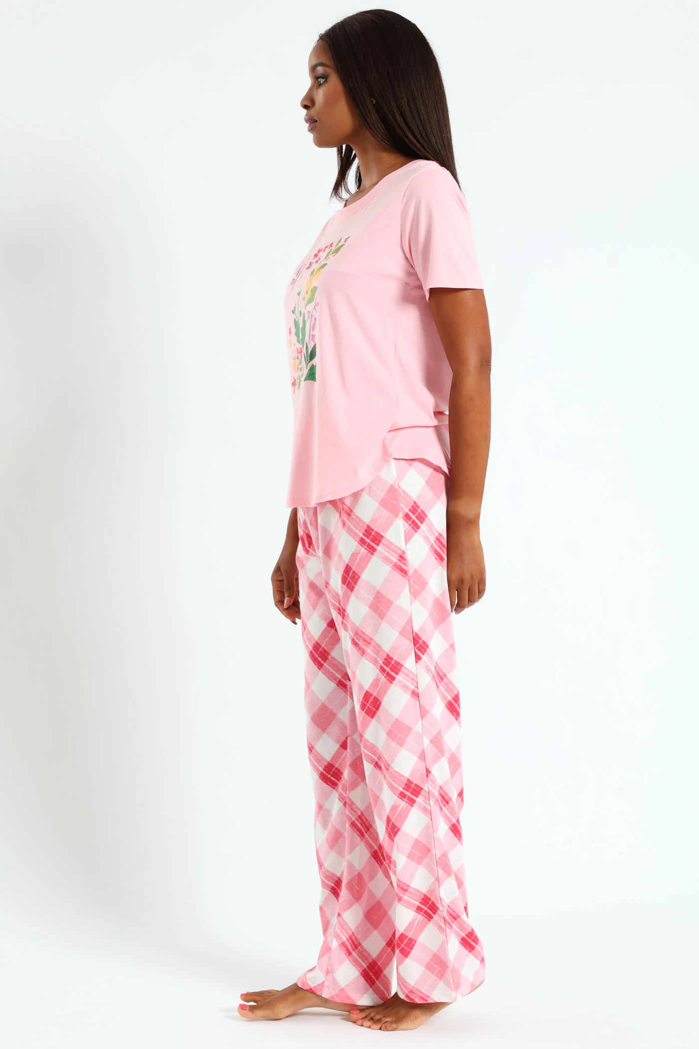 Floral Check Knit Top & Pant Set - Pink - Image 2