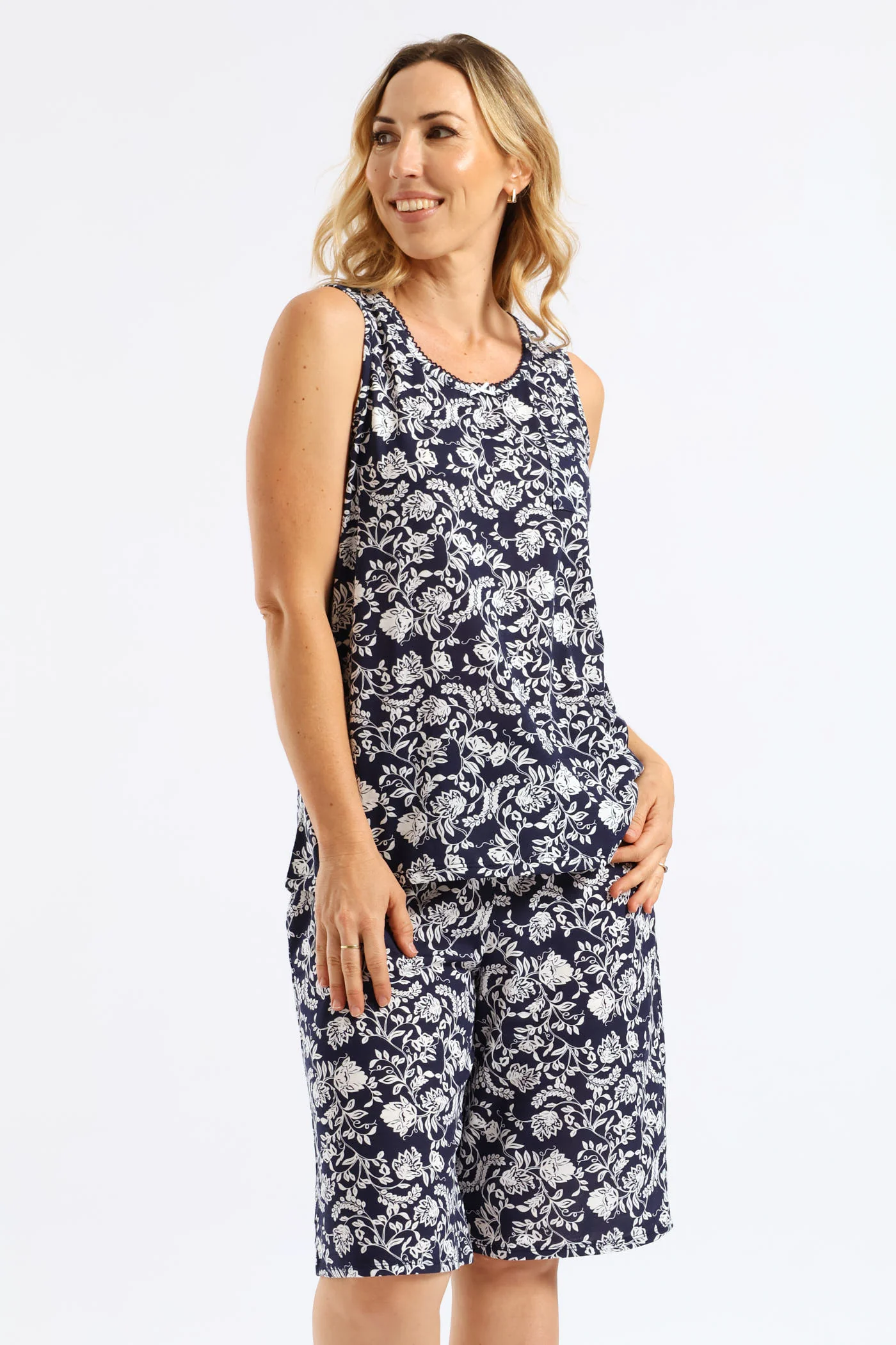 Floral Damask Knit Short Sleep Set - Navy - Image 3