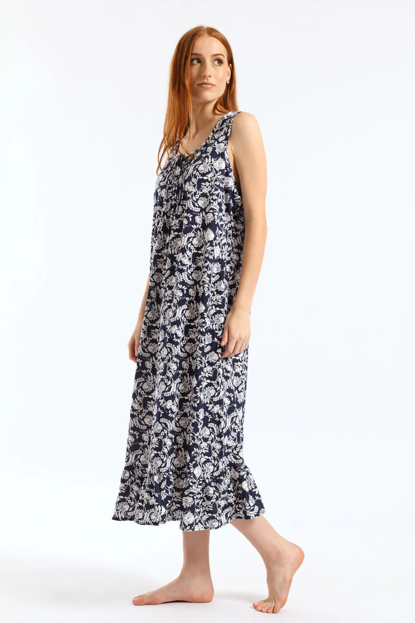 Floral Damask Long Length Knit Sleepshirt  - Navy - Image 3