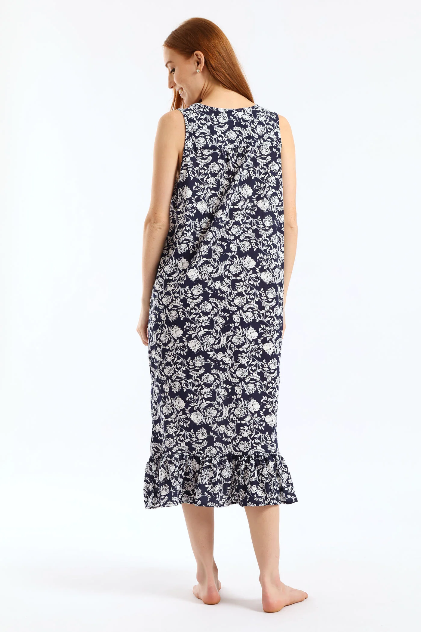 Floral Damask Long Length Knit Sleepshirt  - Navy - Image 4