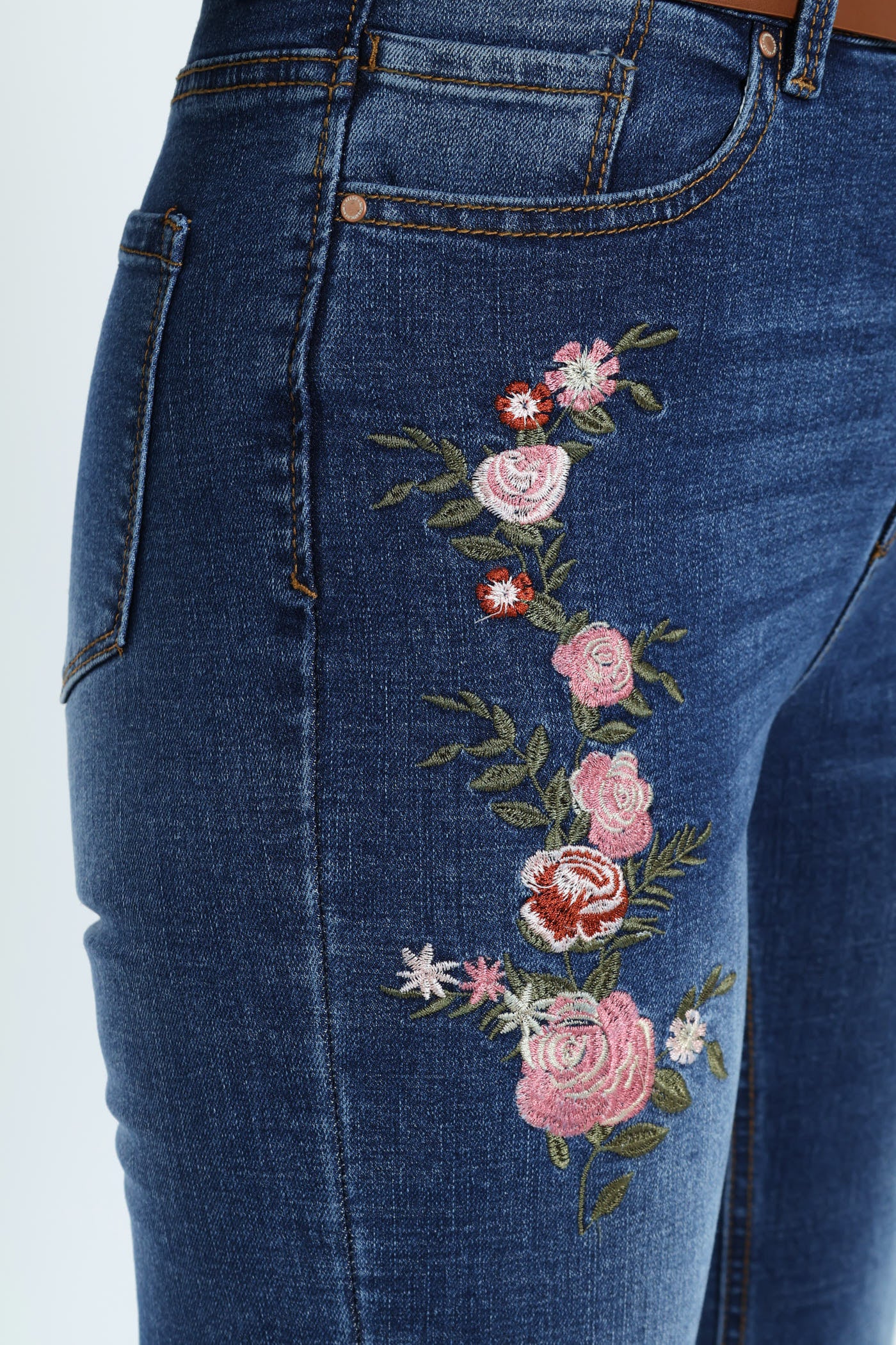 Floral Embroidered Bootleg Belted Jean - Medium Wash - Image 2
