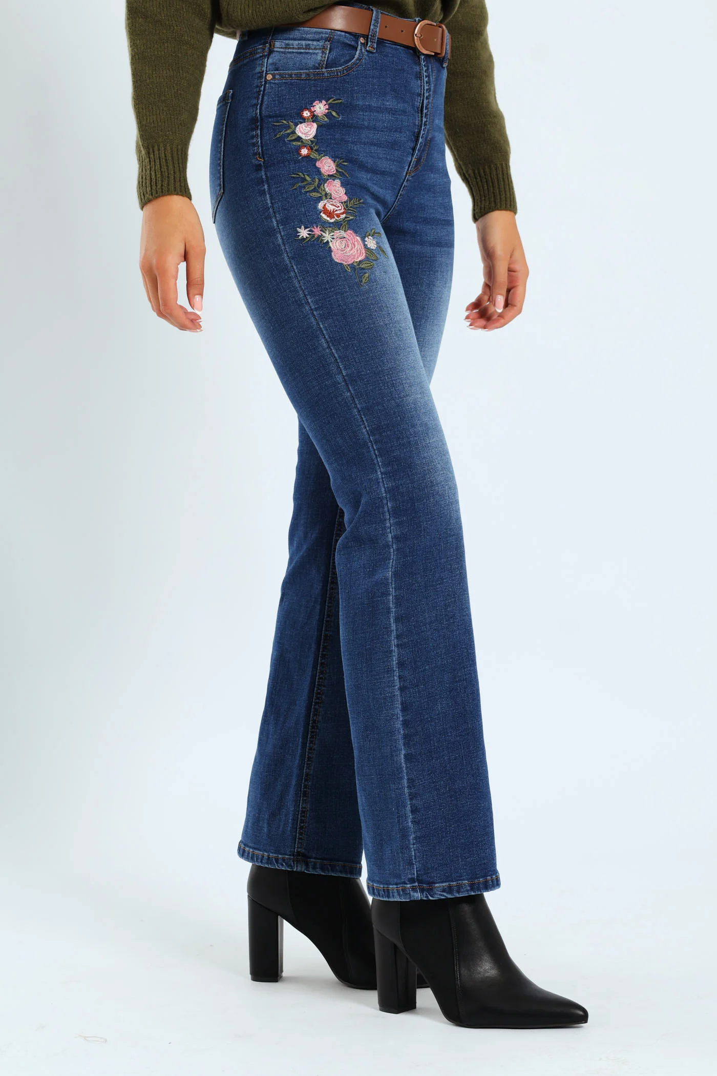 Floral Embroidered Bootleg Belted Jean - Medium Wash - Image 3