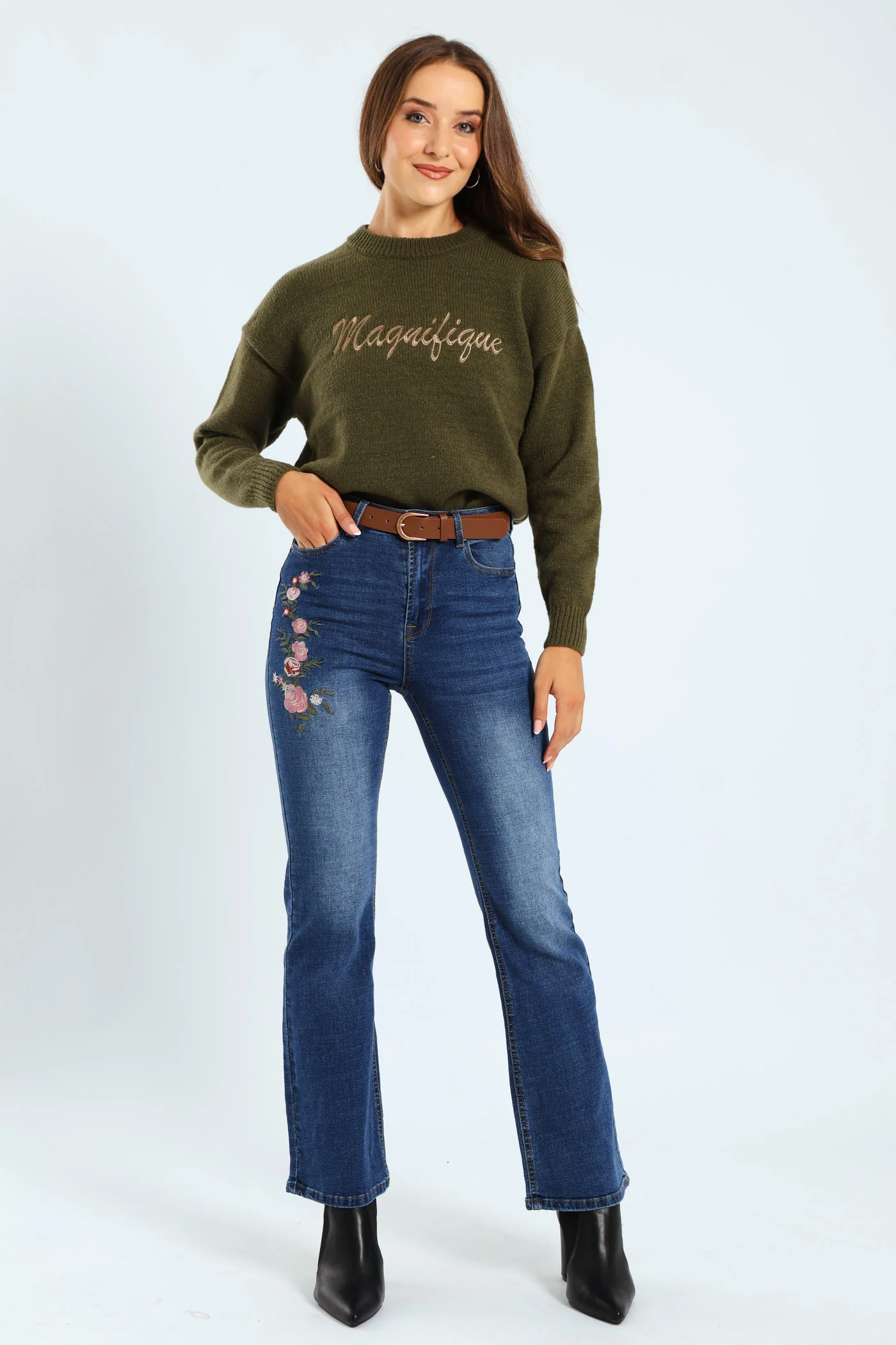 Floral Embroidered Bootleg Belted Jean - Medium Wash - Image 5