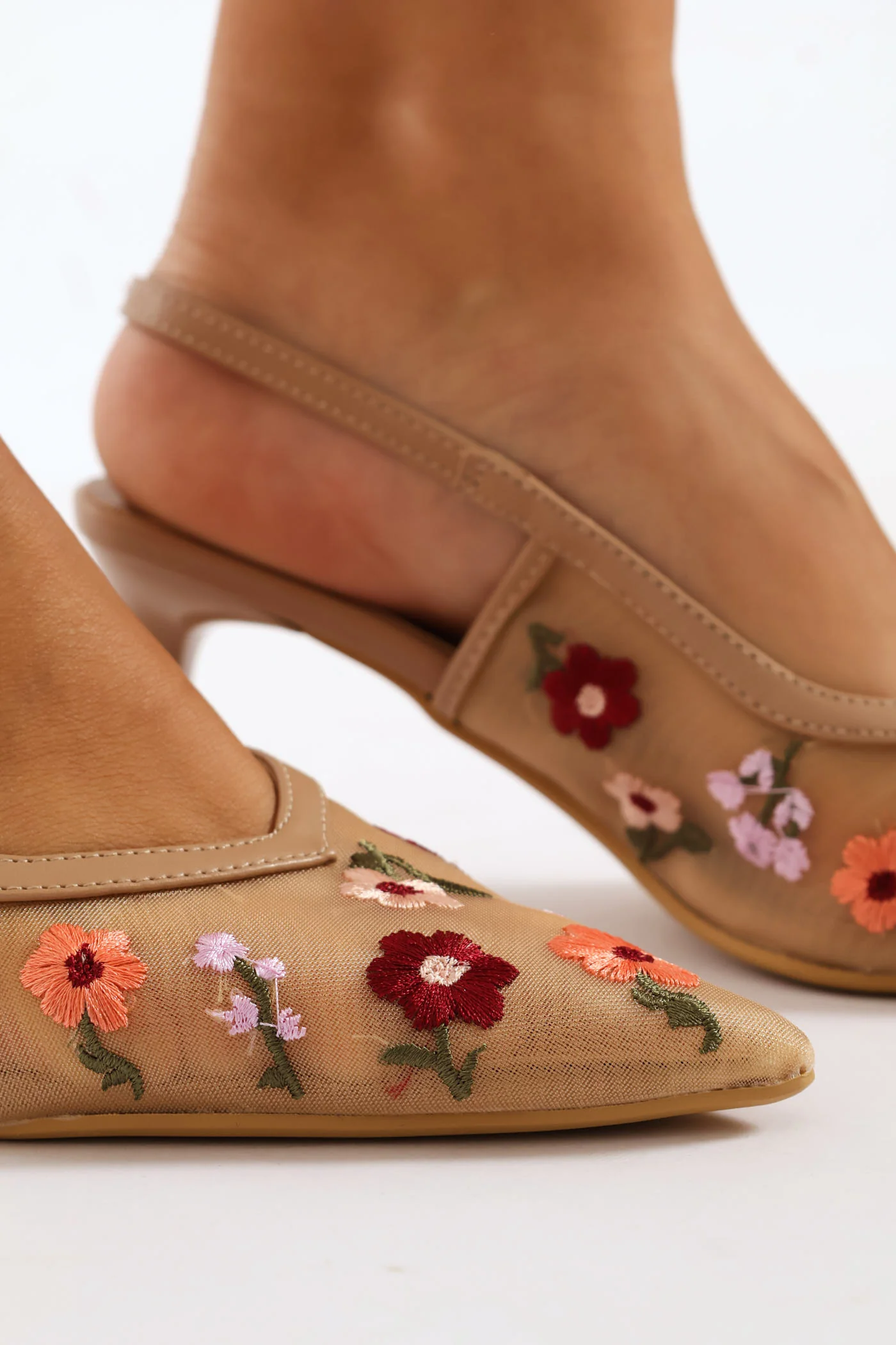 Floral Embroidered Mesh Kitten Slingback Heel - Natural - Image 3