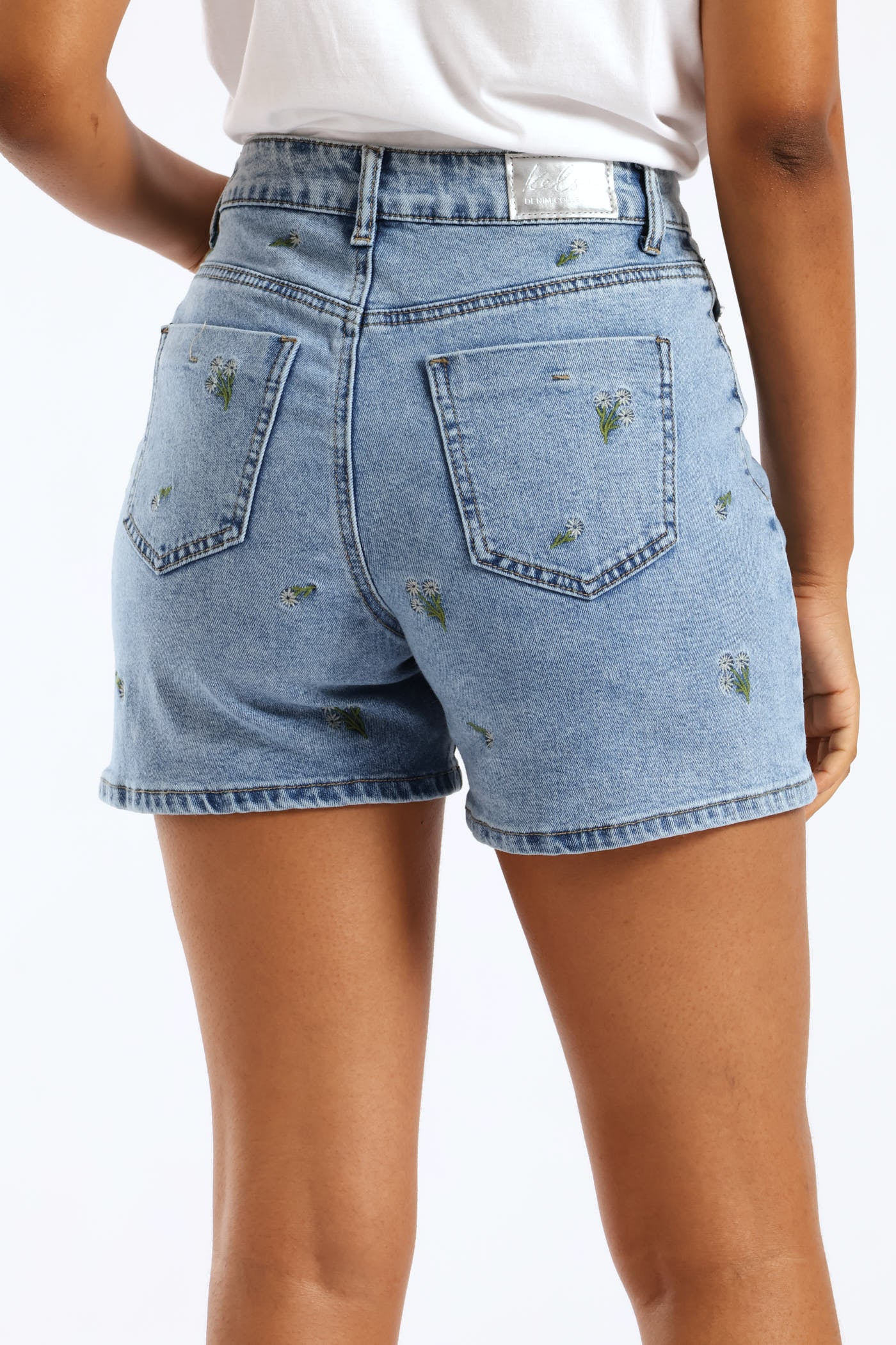 Floral Embroidered Mid Thigh Mom Shorts - Light Wash - Image 4