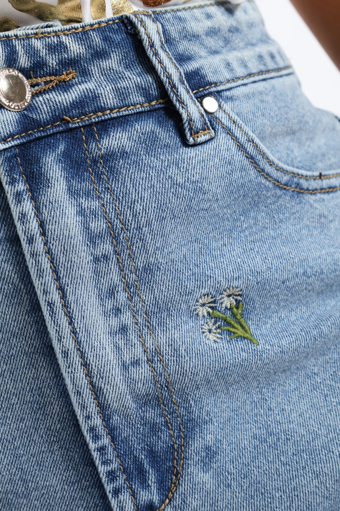 Floral Embroidered Mid Thigh Mom Shorts - Light Wash - Image 6