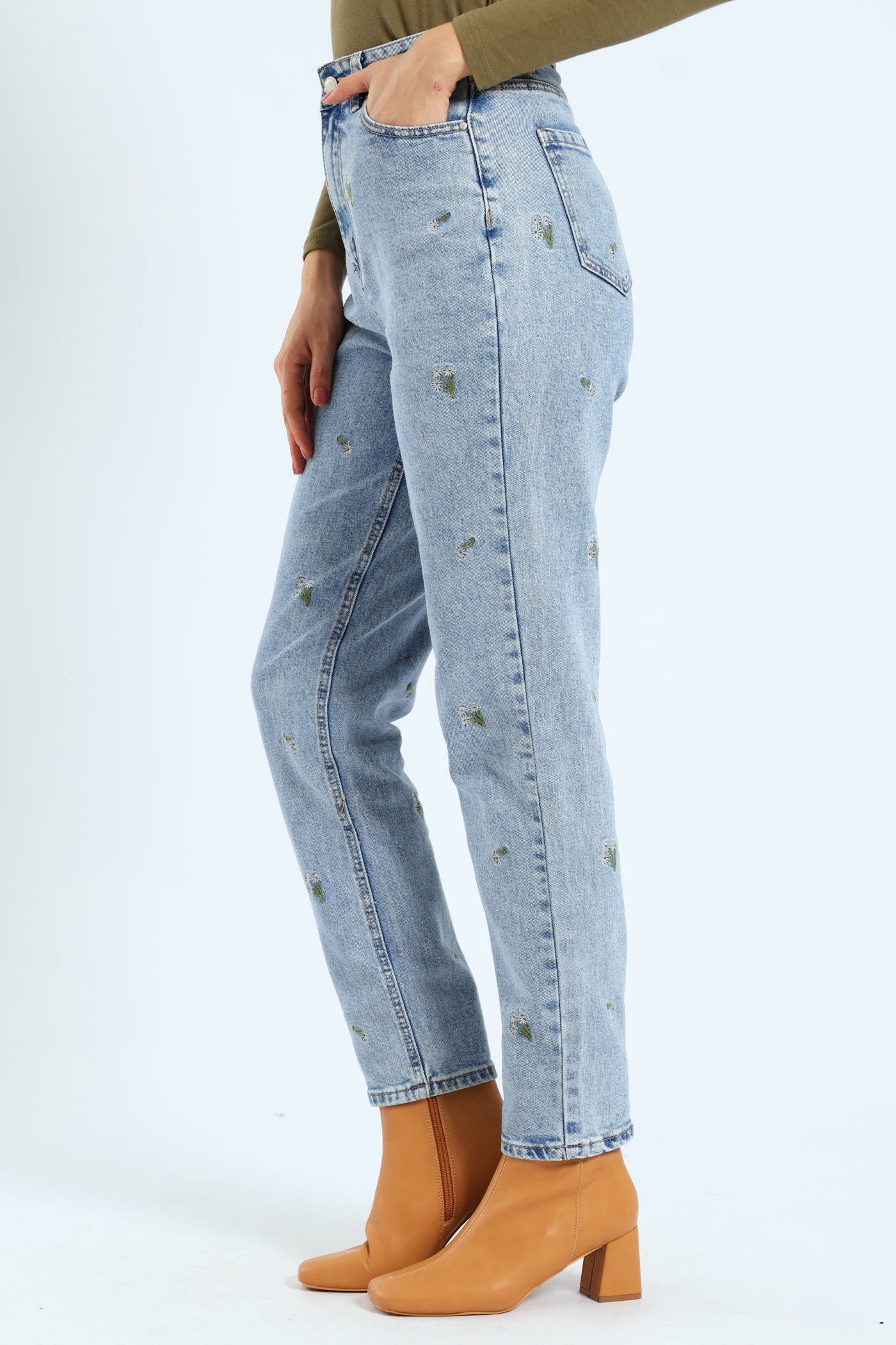 Floral Embroidered Mom Jean - Salty Light Wash - Image 2