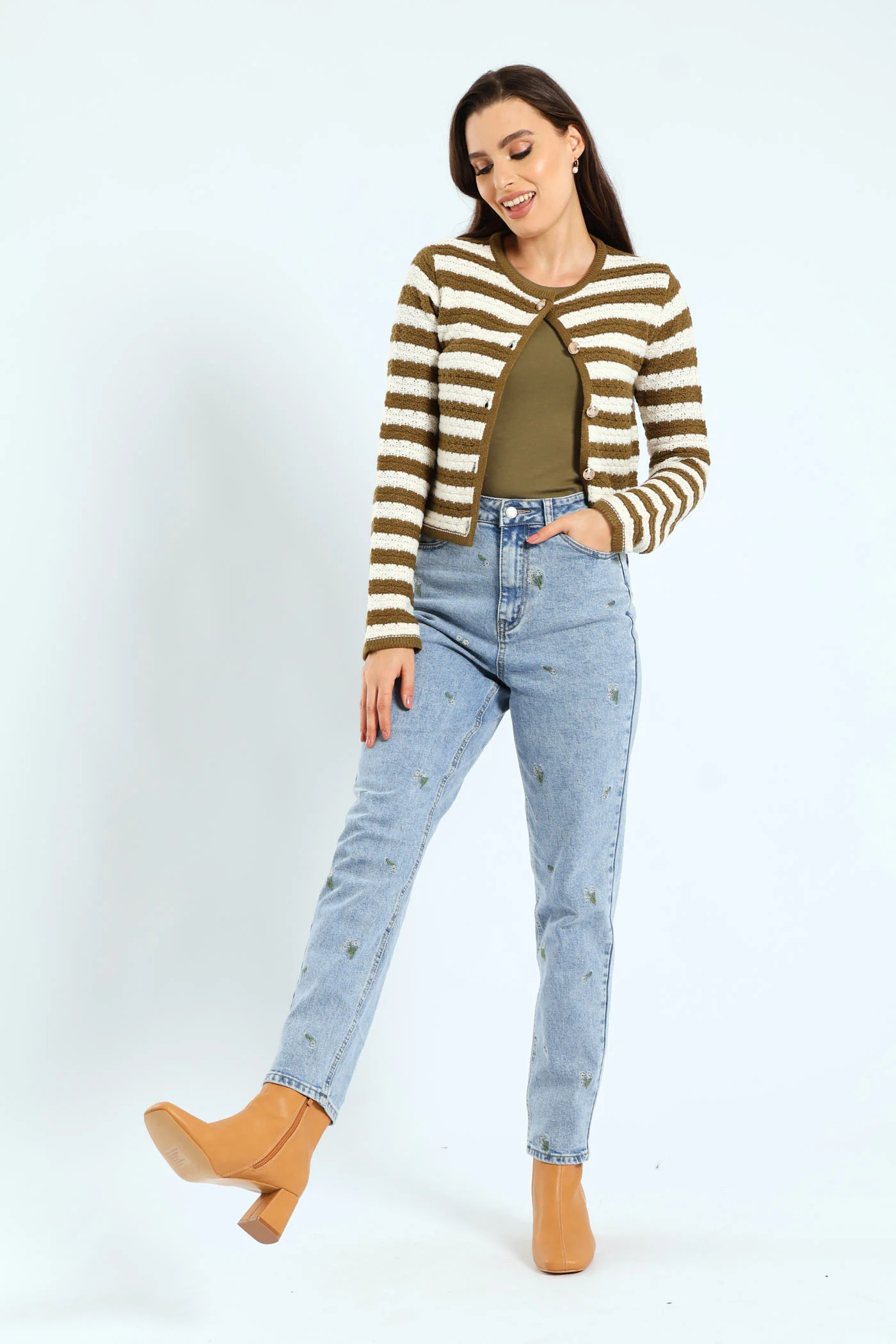 Floral Embroidered Mom Jean - Salty Light Wash - Image 3