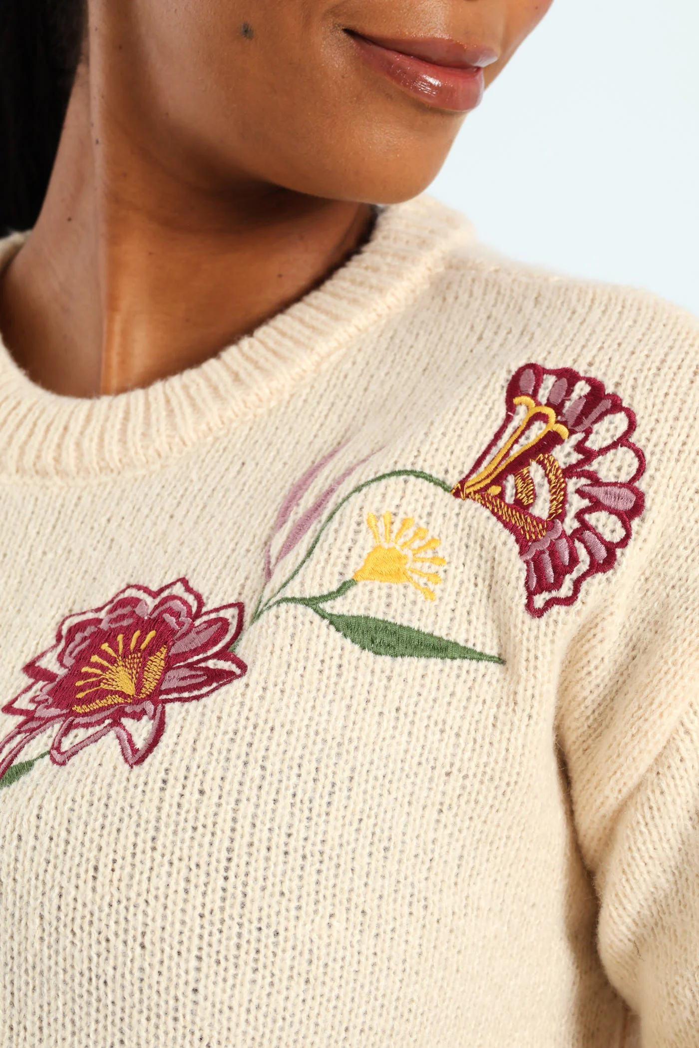 Floral Embroidered Pullover - Oatmeal Melange - Image 2
