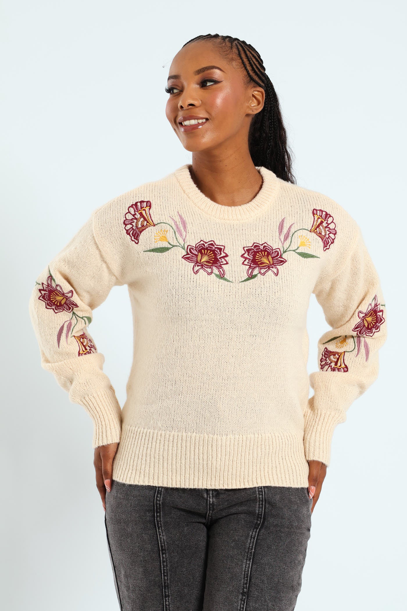 Floral Embroidered Pullover - Oatmeal Melange - Image 3