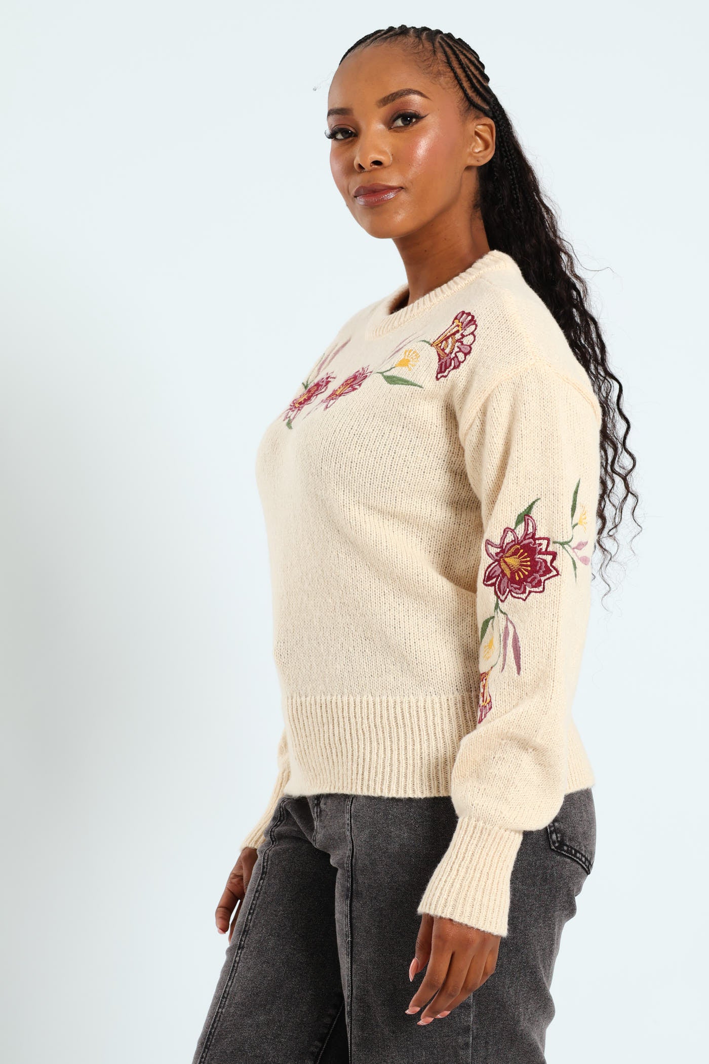 Floral Embroidered Pullover - Oatmeal Melange - Image 4