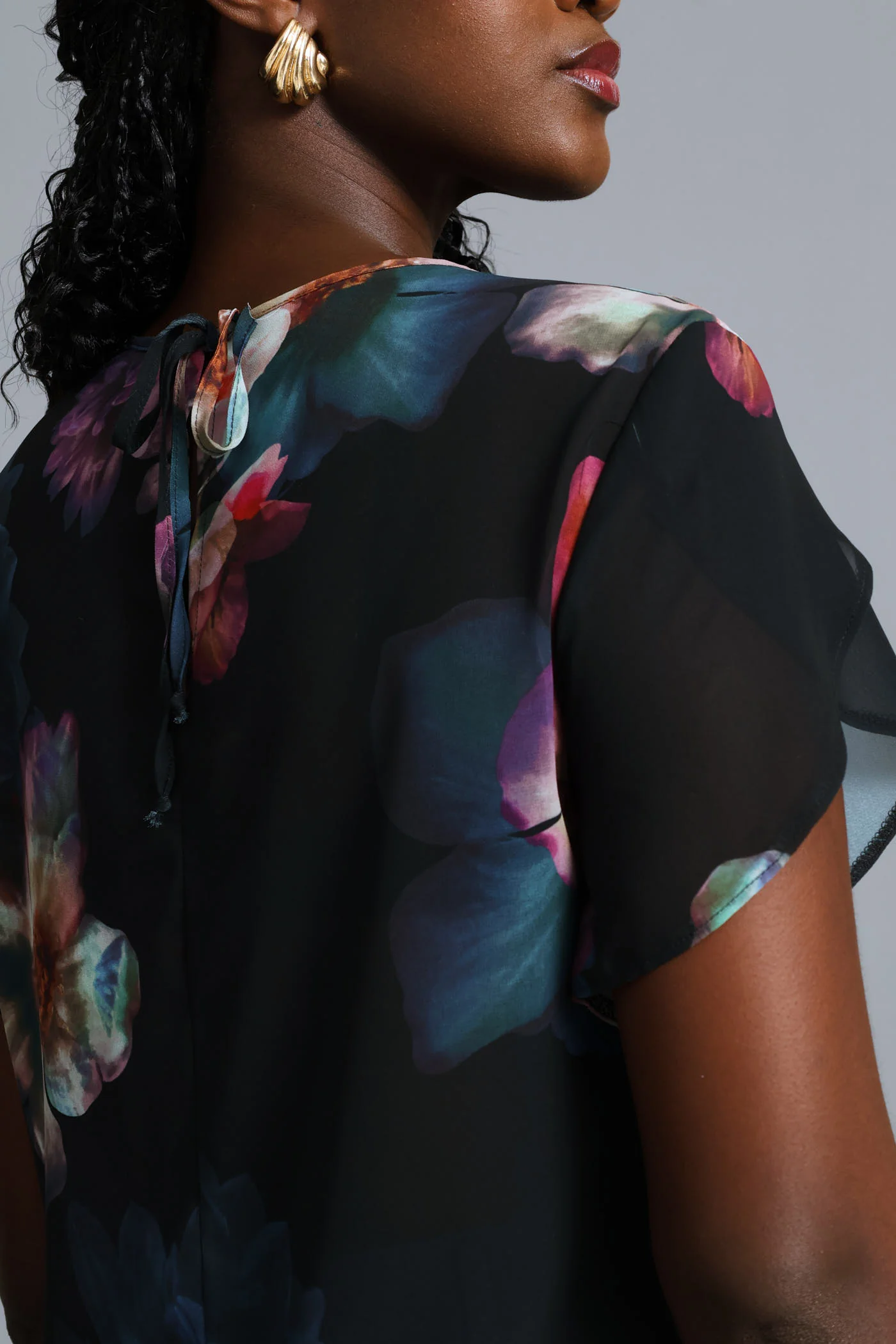 Floral Flutter Sleeve Blouse - Black - Image 2