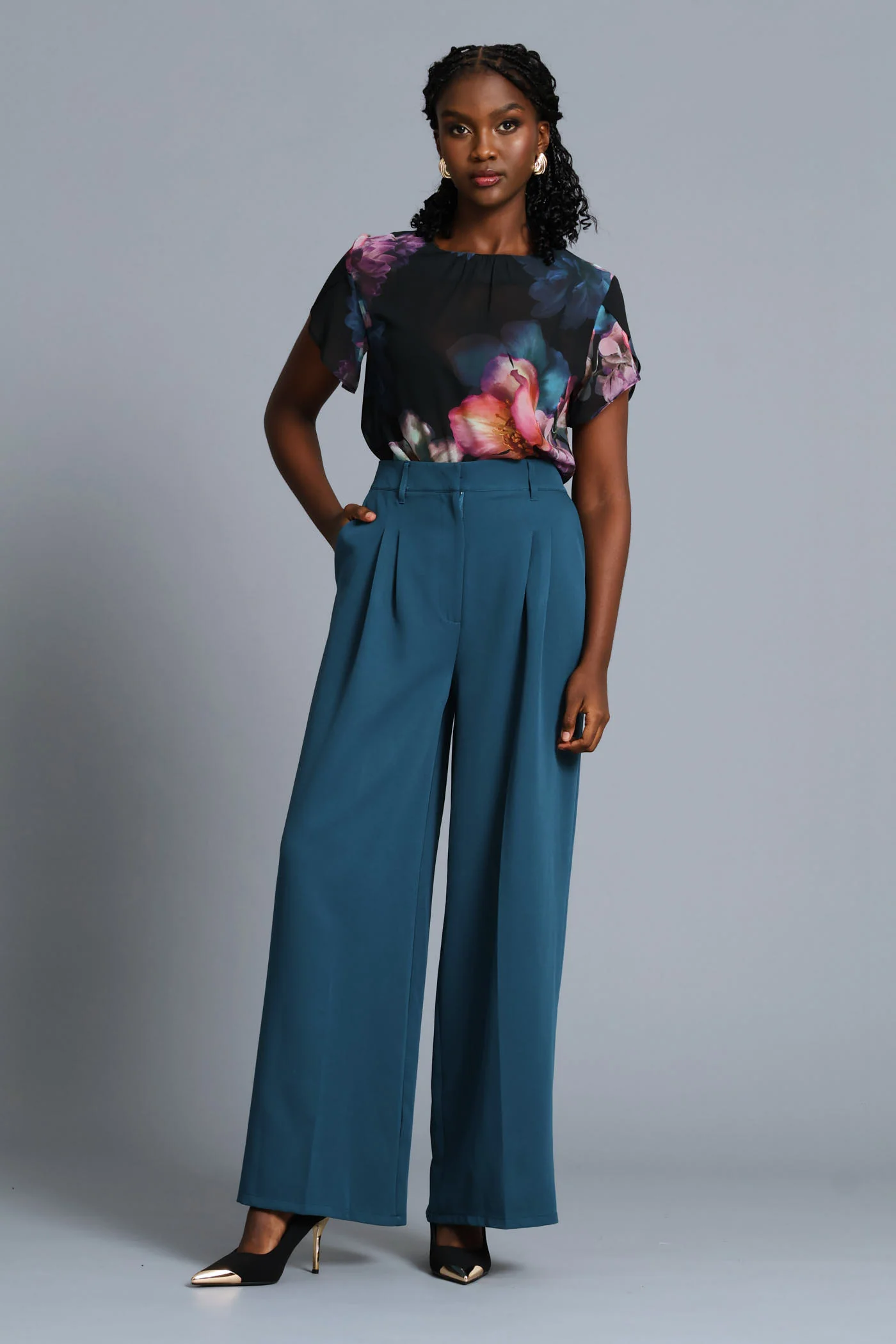 Floral Flutter Sleeve Blouse - Black - Image 6