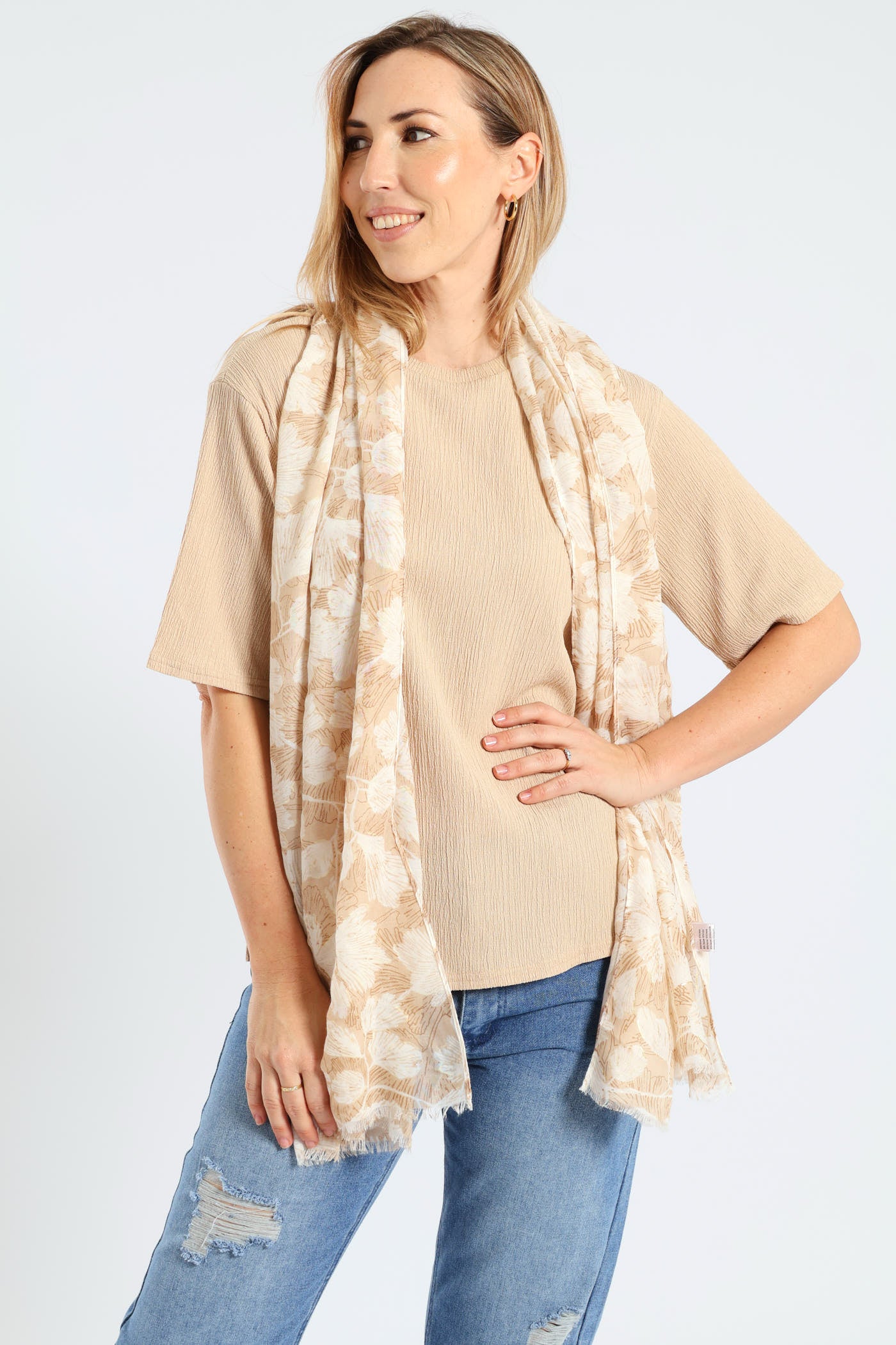 Floral Foil Print Scarf - Stone - Image 2
