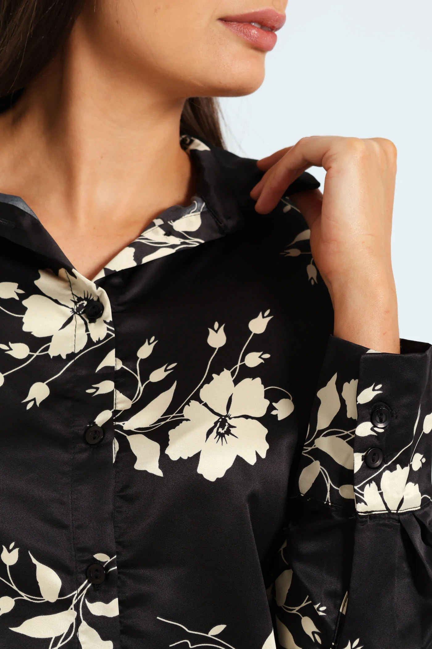Floral Monochrome Satin Shirt - Black/Cream - Image 2