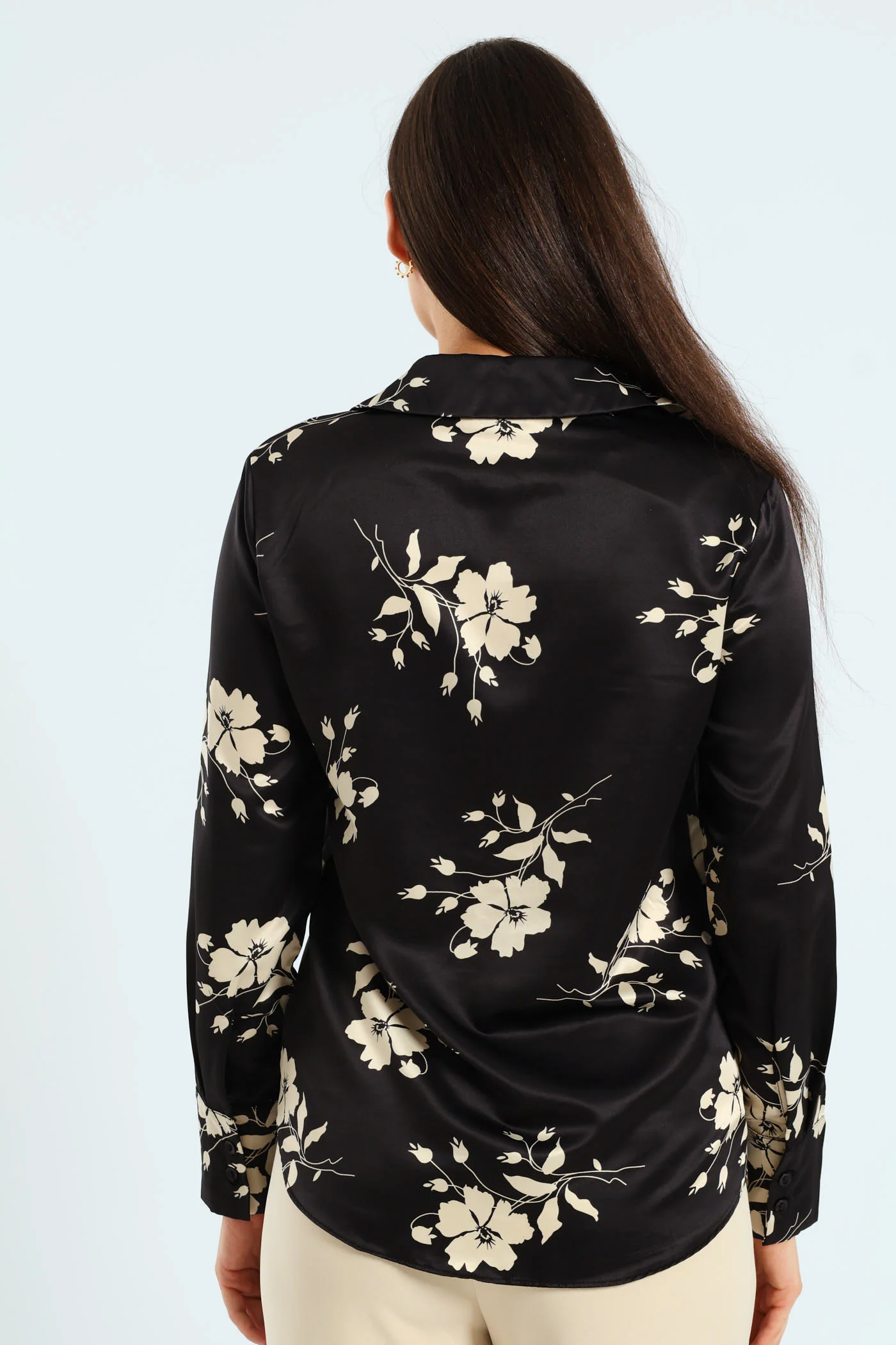 Floral Monochrome Satin Shirt - Black/Cream - Image 3