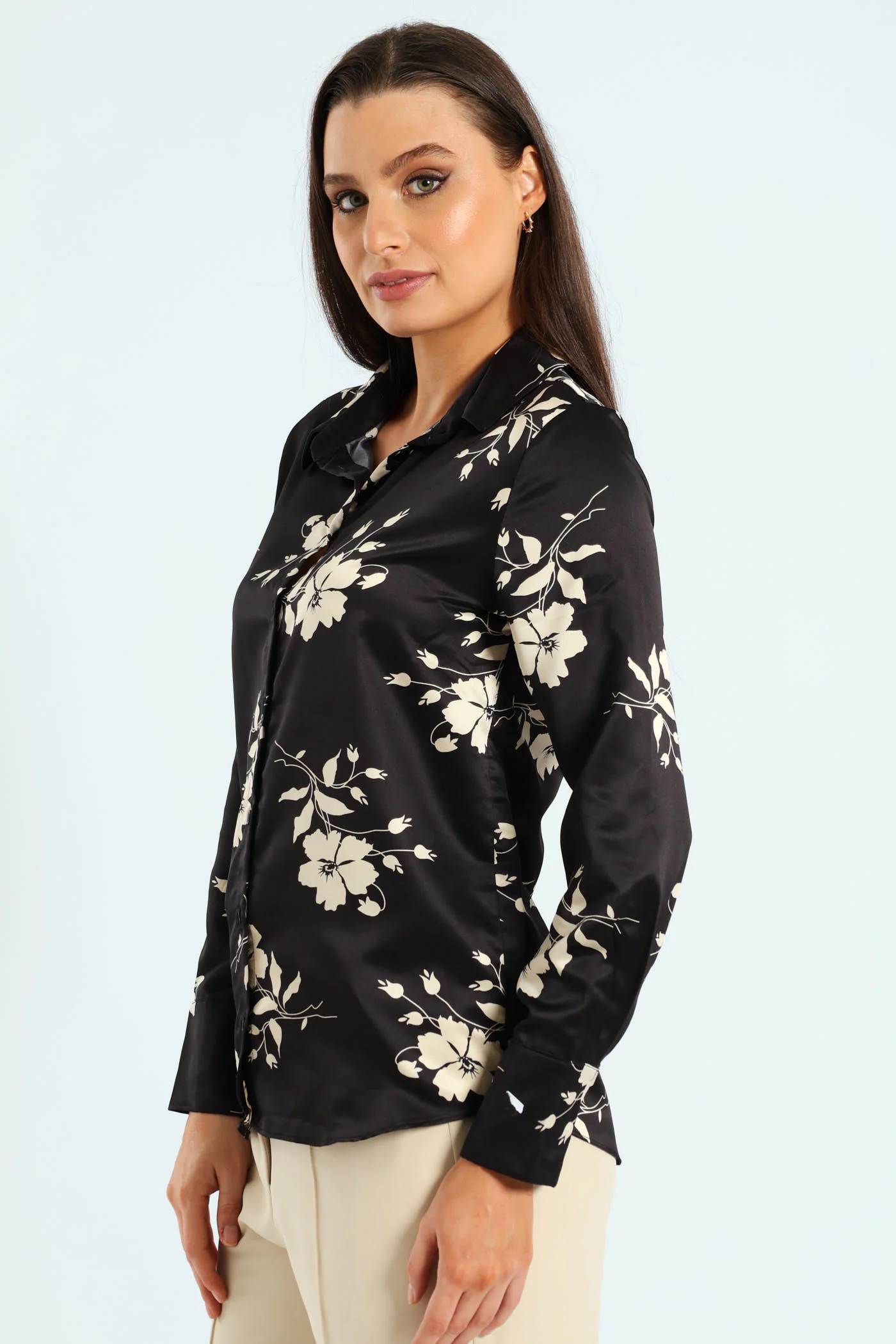 Floral Monochrome Satin Shirt - Black/Cream - Image 4