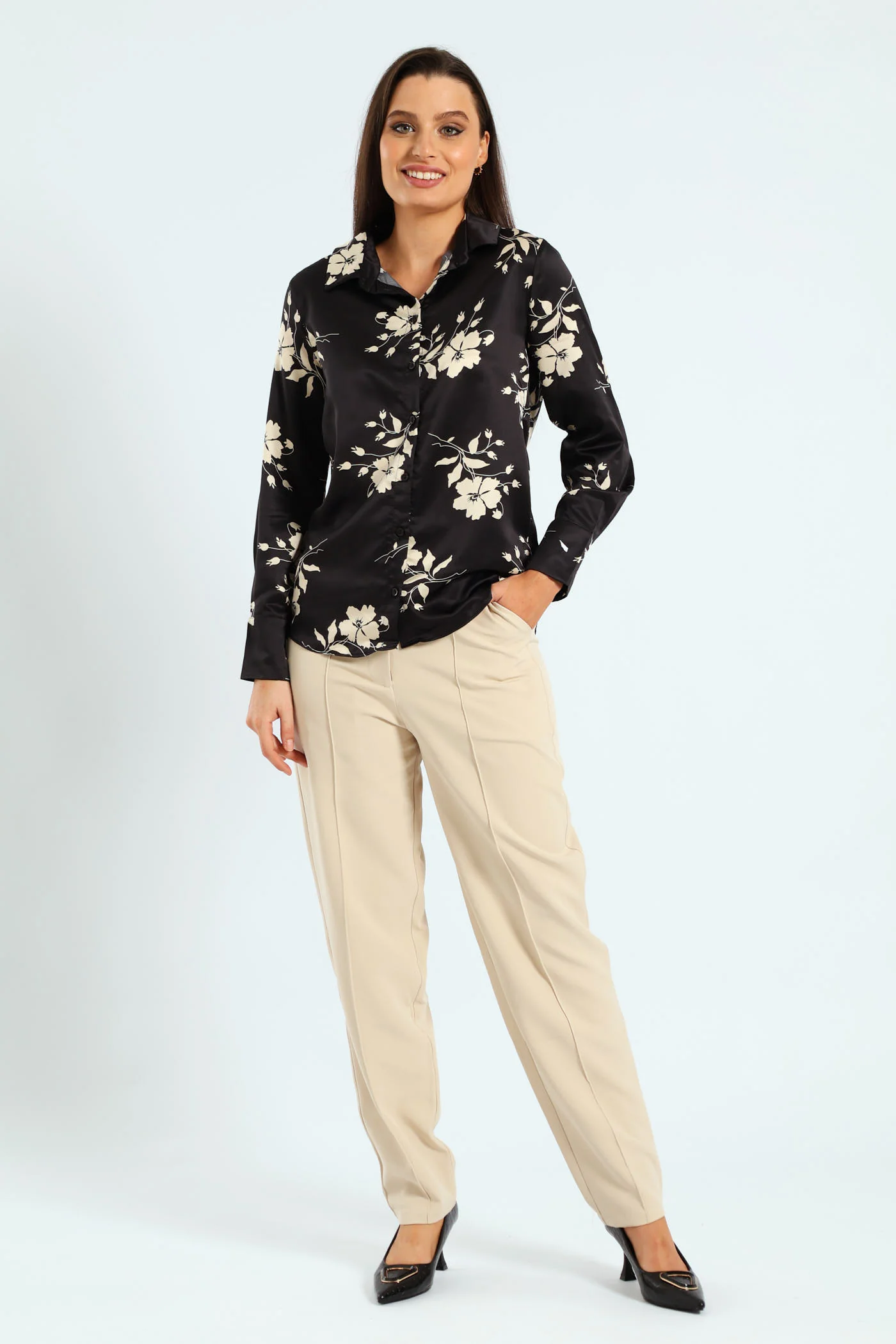 Floral Monochrome Satin Shirt - Black/Cream - Image 5