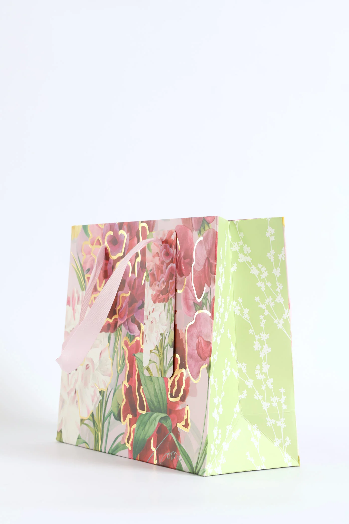 Small Floral Orchid Gold Foil Print Gift Bag - Light Pink - Image 2