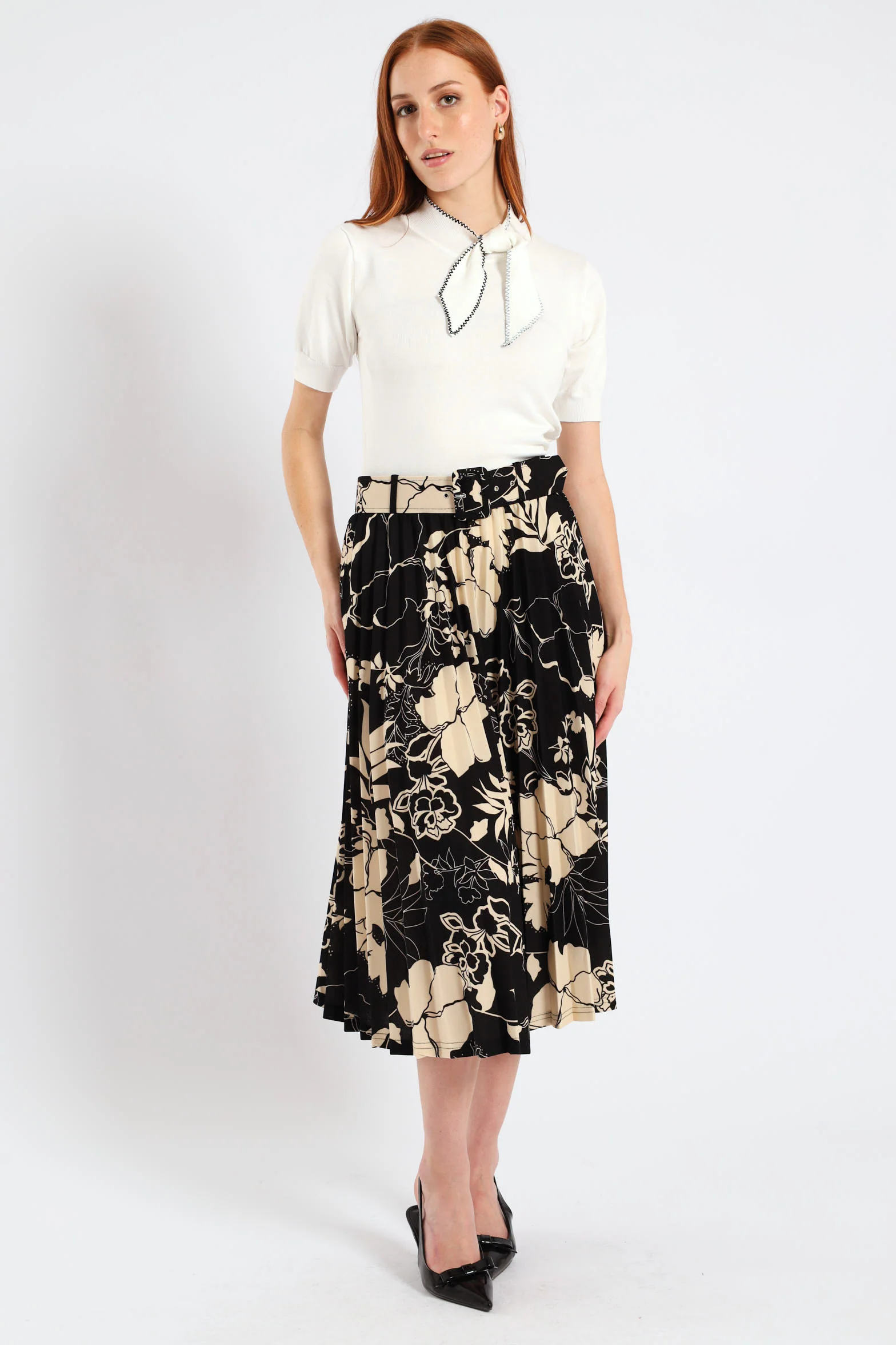 Floral Pleated Midi Skirt - Black/Cream - Image 2