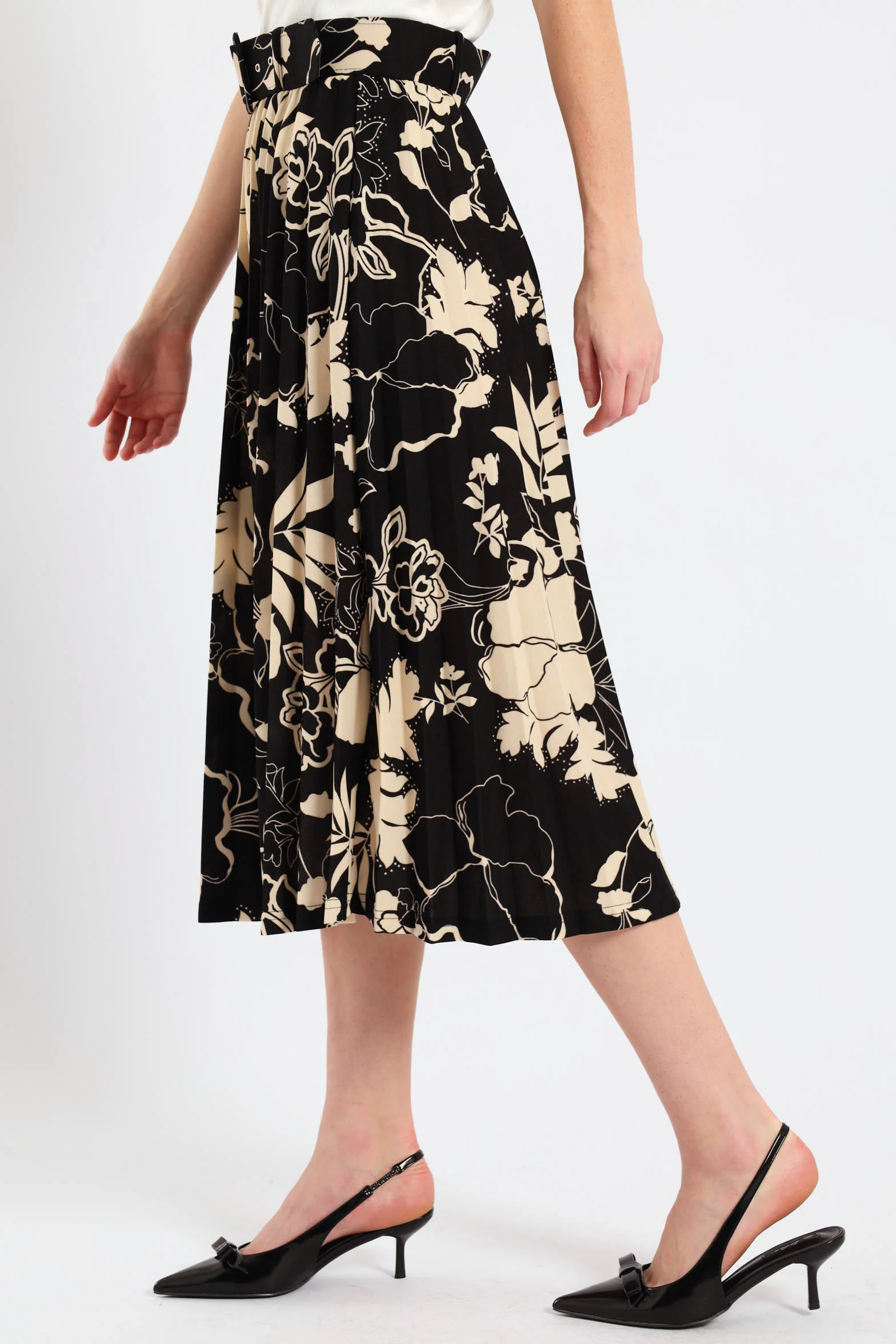 Floral Pleated Midi Skirt - Black/Cream - Image 3