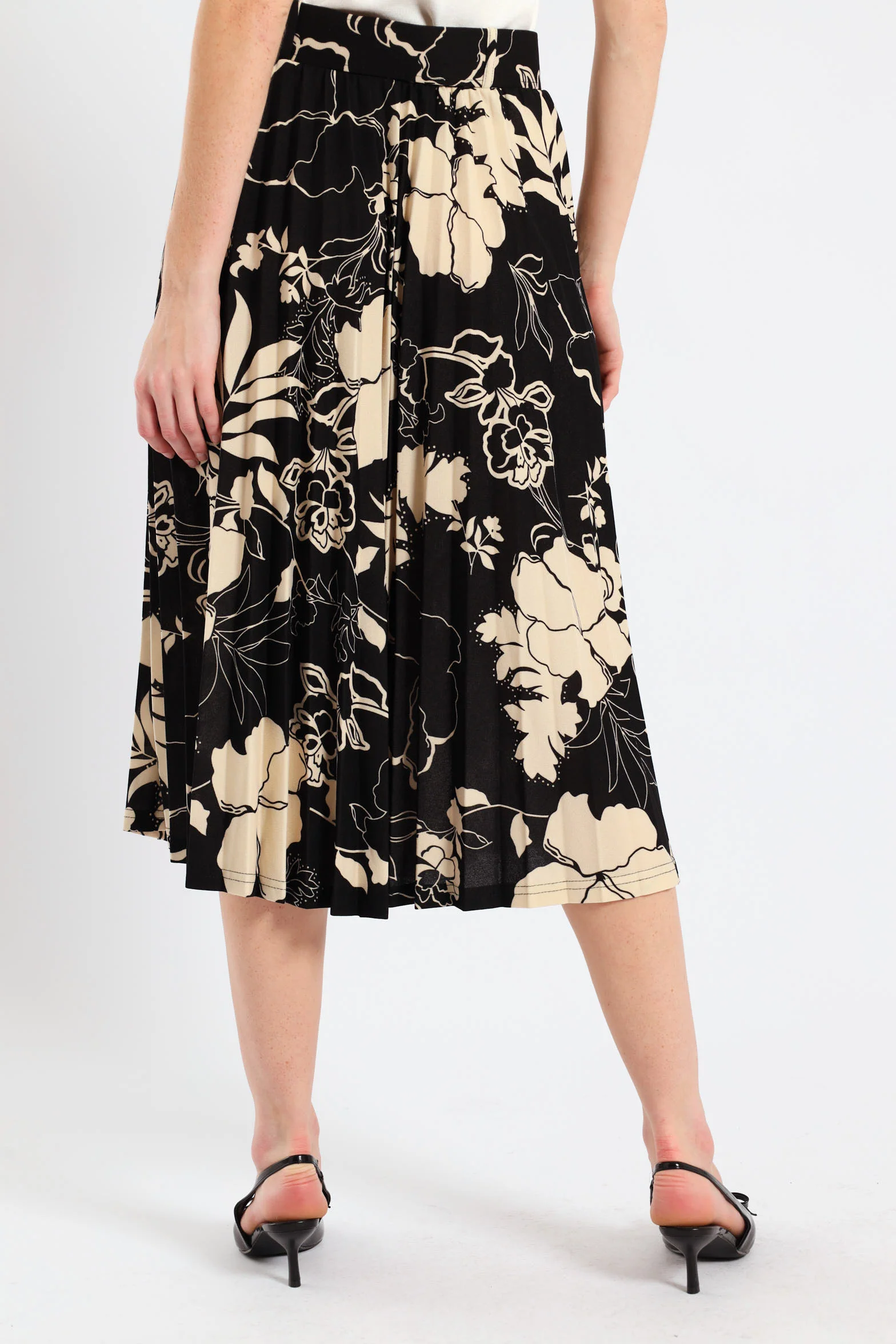Floral Pleated Midi Skirt - Black/Cream - Image 4