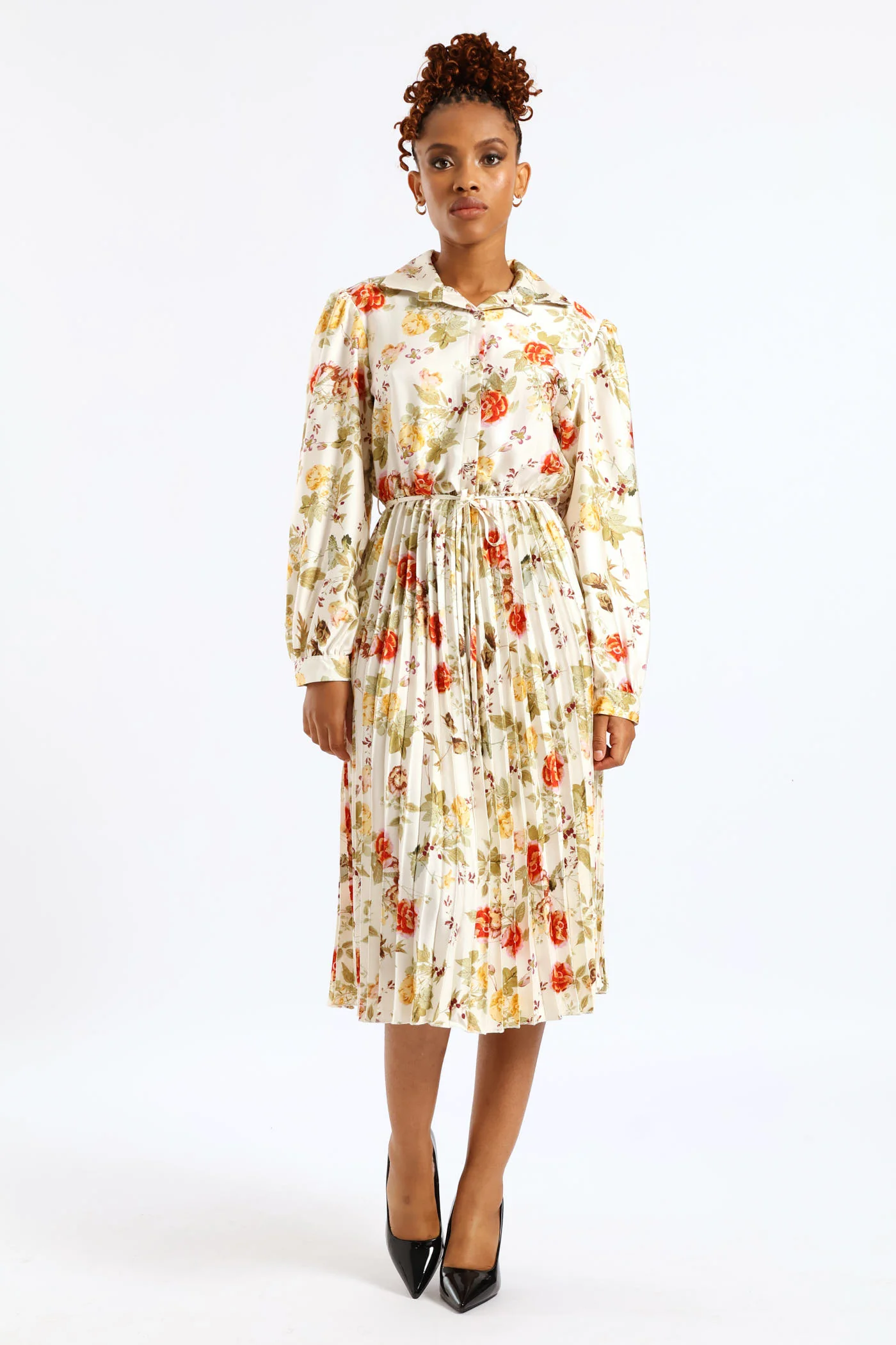 Floral Pleated Satin Maxi Dress - Cream - Image 3