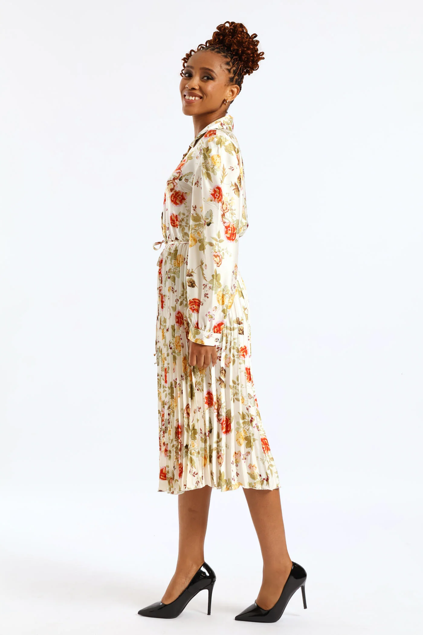 Floral Pleated Satin Maxi Dress - Cream - Image 4