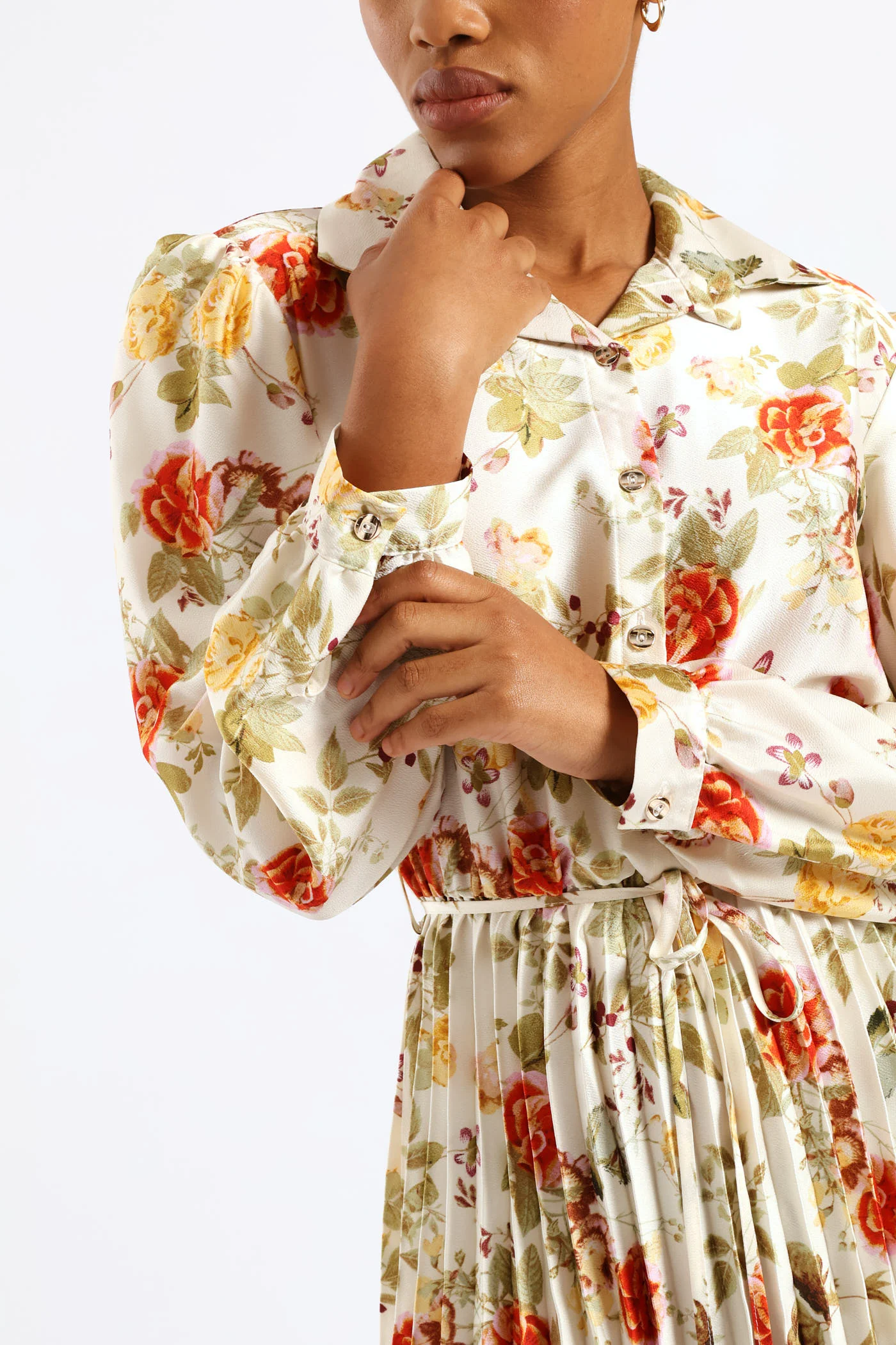 Floral Pleated Satin Maxi Dress - Cream - Image 6