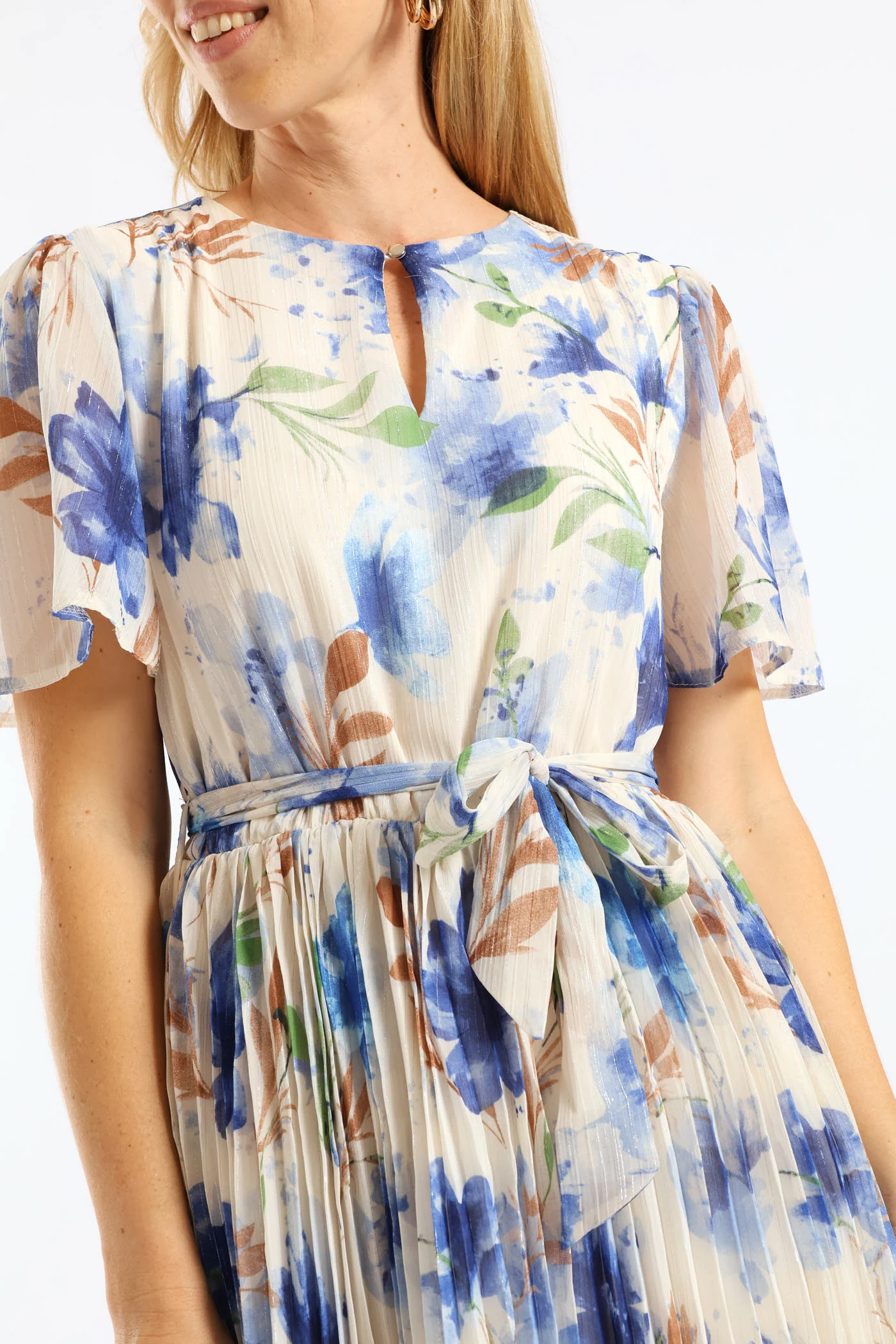 Floral Pleated Tea Dress - Cream/Blue - Image 2