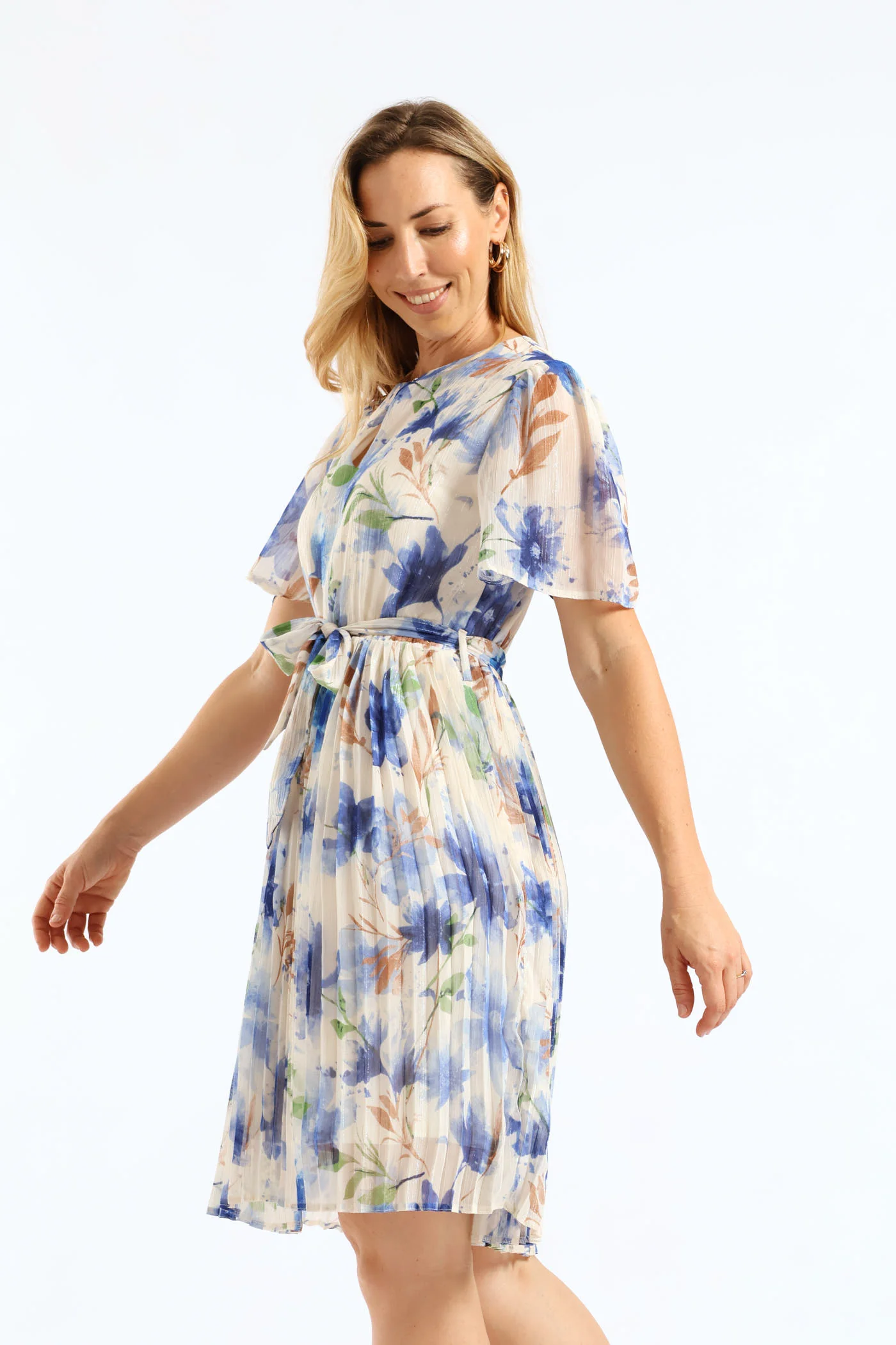 Floral Pleated Tea Dress - Cream/Blue - Image 4