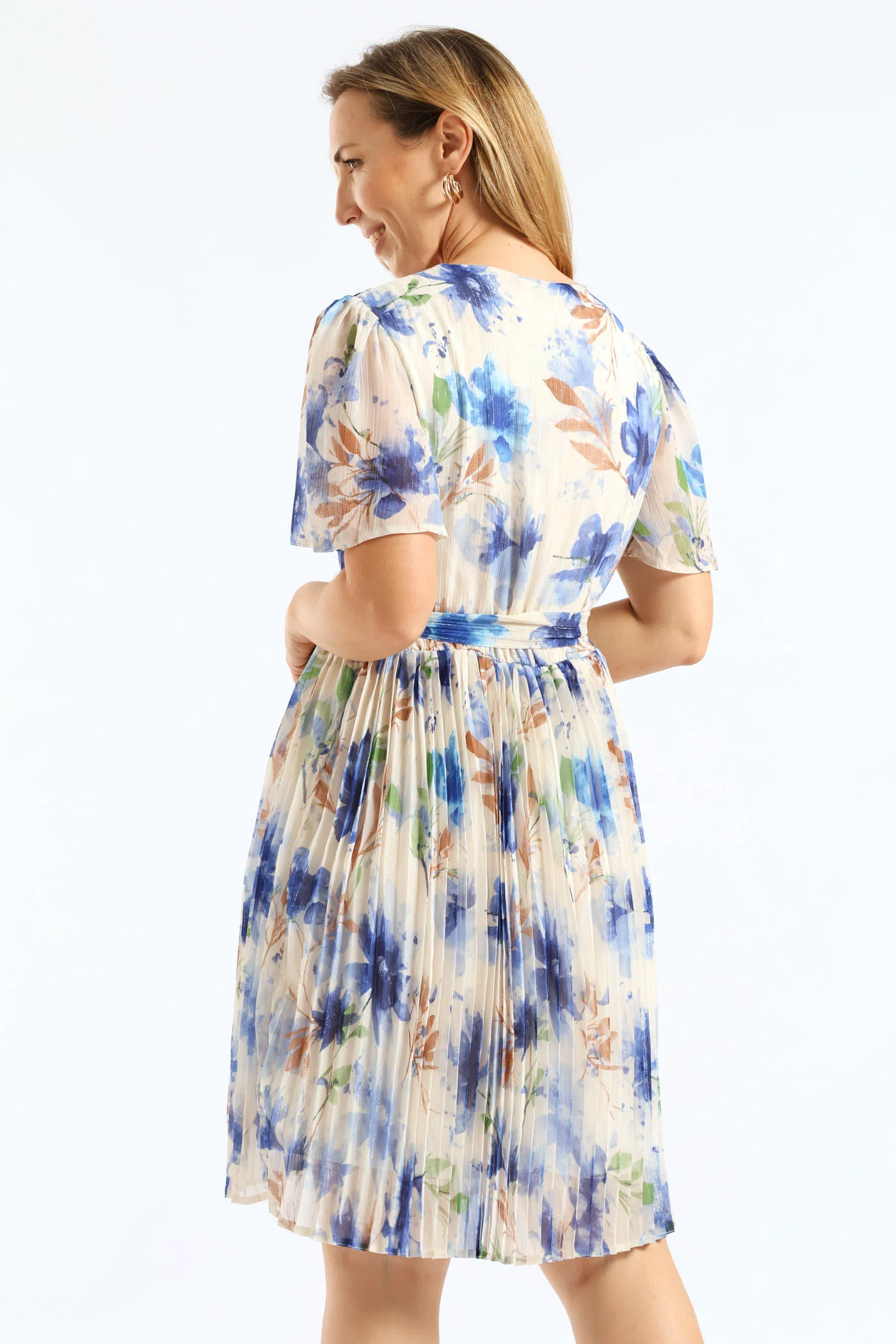 Floral Pleated Tea Dress - Cream/Blue - Image 5