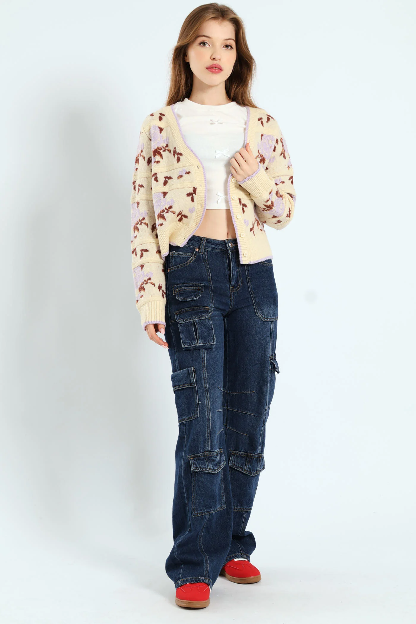 Floral Print Cardigan Sweater - Cream - Image 2