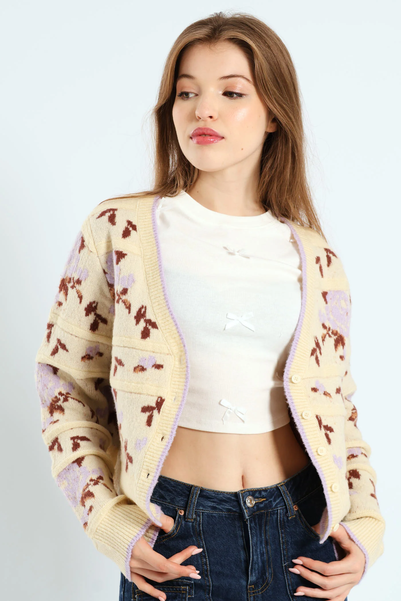 Floral Print Cardigan Sweater - Cream - Image 3