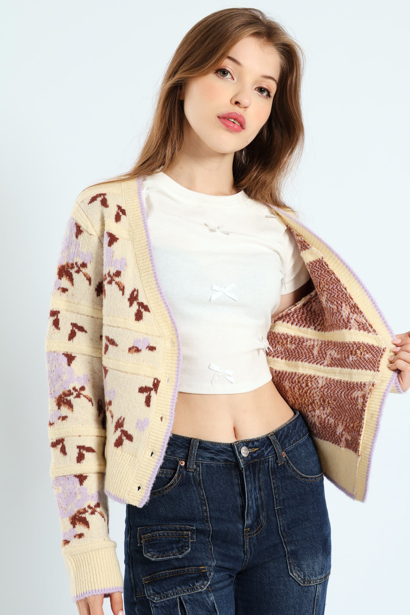 Floral Print Cardigan Sweater - Cream - Image 4