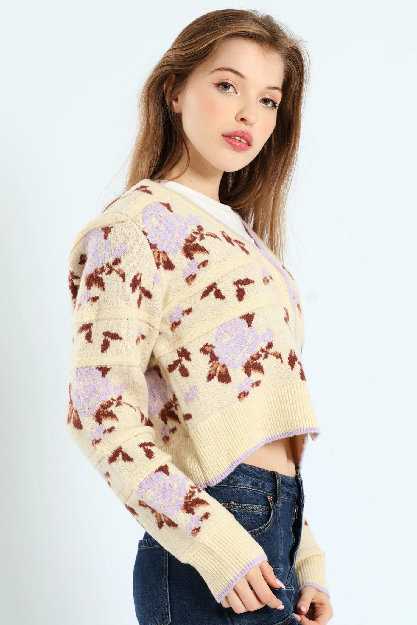 Floral Print Cardigan Sweater - Cream - Image 5