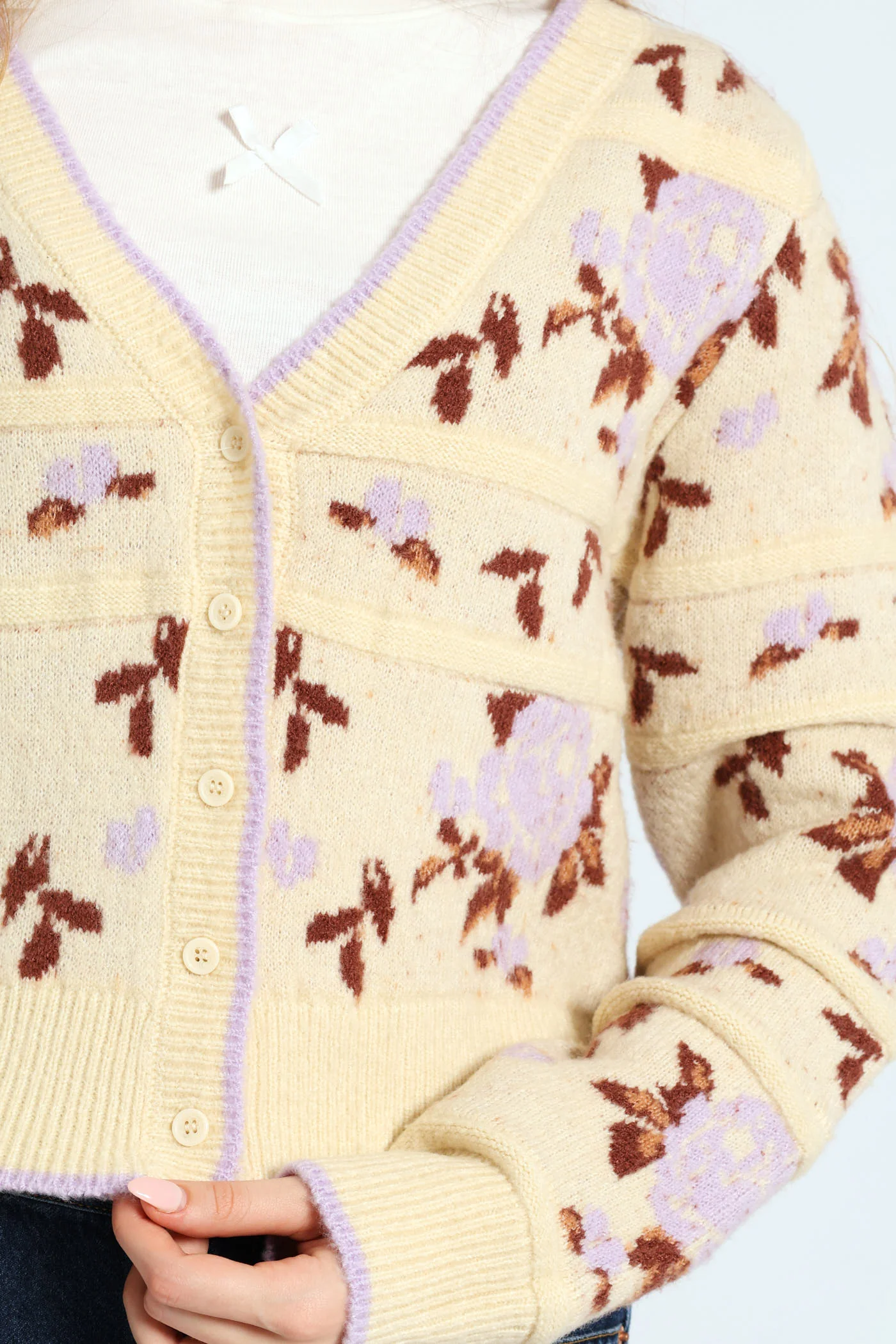 Floral Print Cardigan Sweater - Cream - Image 6
