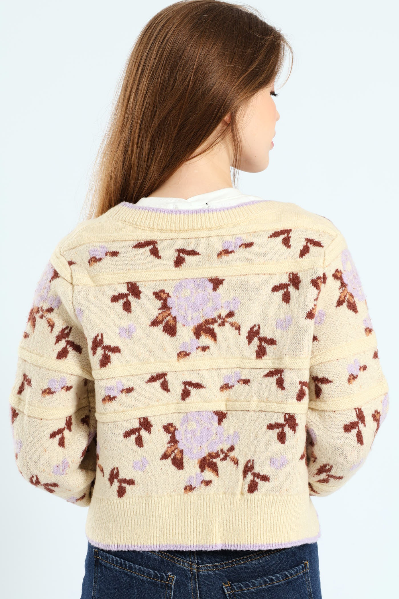 Floral Print Cardigan Sweater - Cream - Image 7