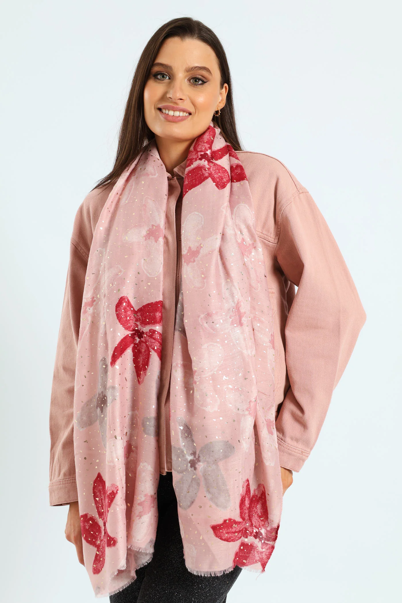 Floral Print Foil Scarf - Dusty Pink - Image 3