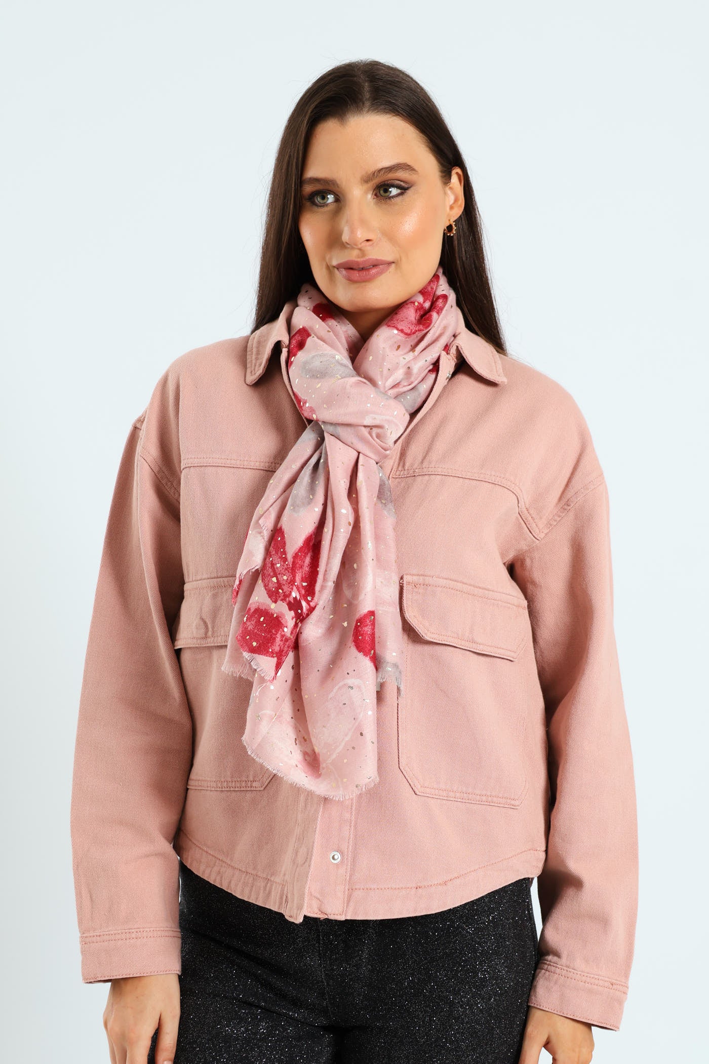 Floral Print Foil Scarf - Dusty Pink - Image 4