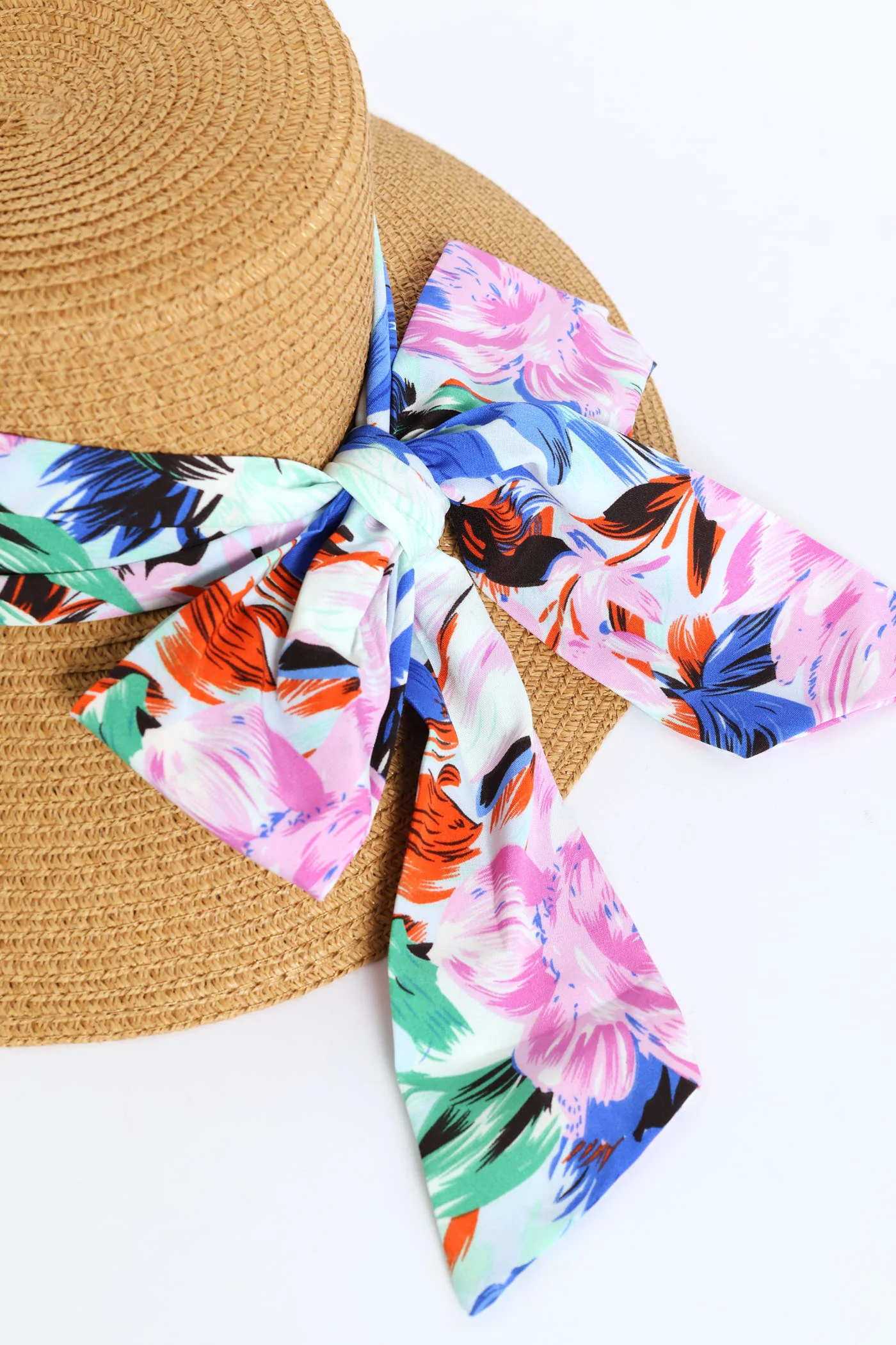 Floral Ribbon Turned Down Straw Hat - Sand - Image 2