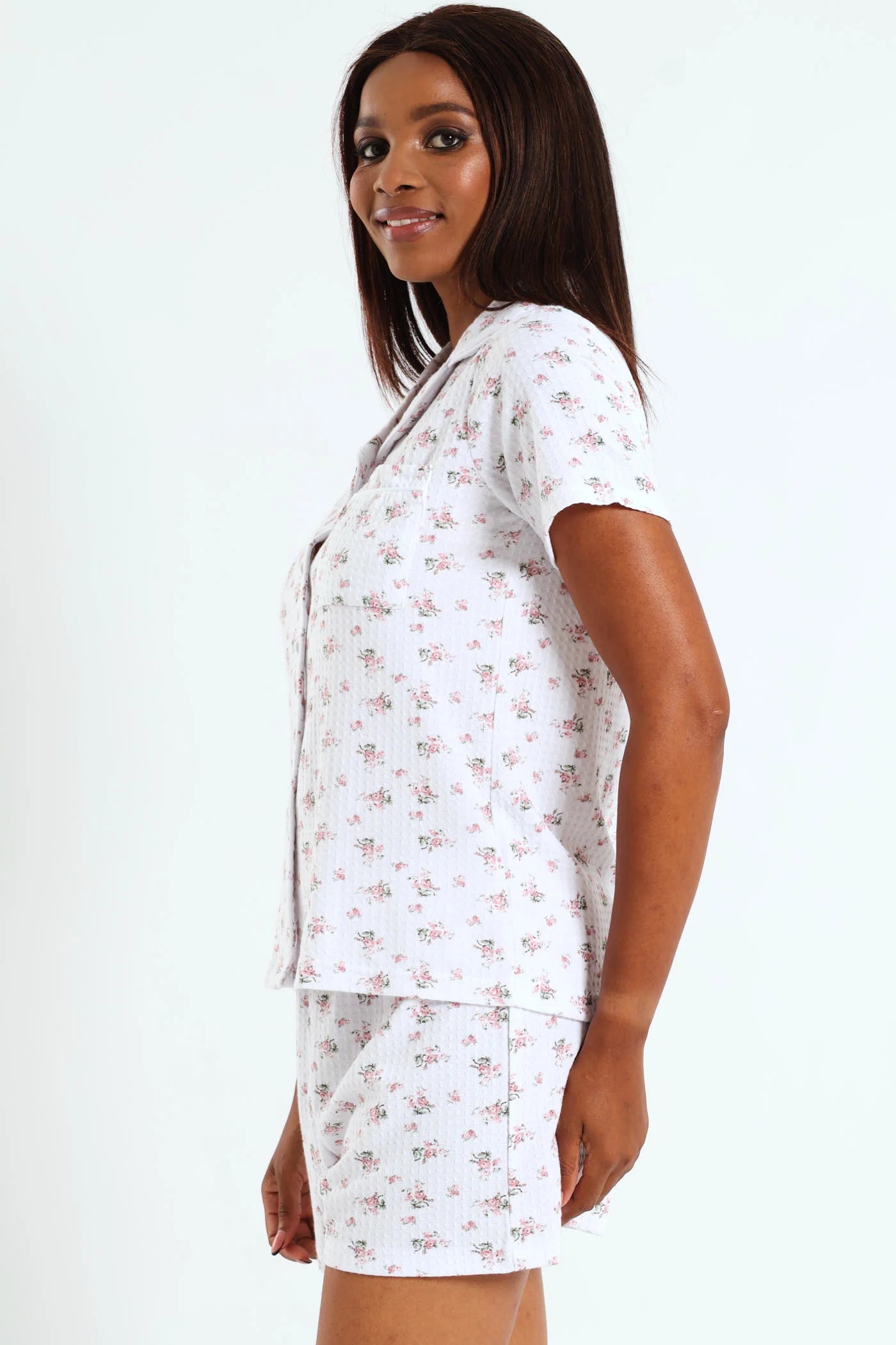 Floral Waffle Button Through & Short Set - White - Image 2