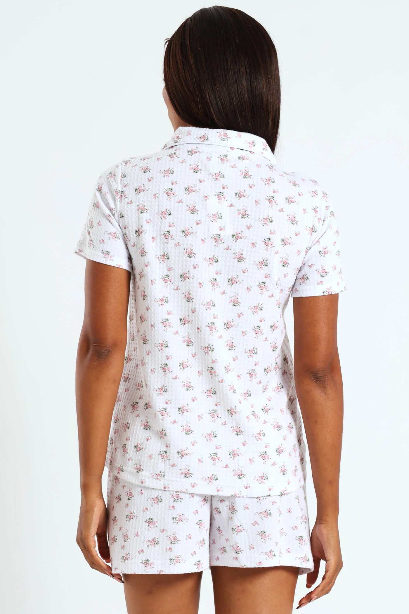 Floral Waffle Button Through & Short Set - White - Image 3
