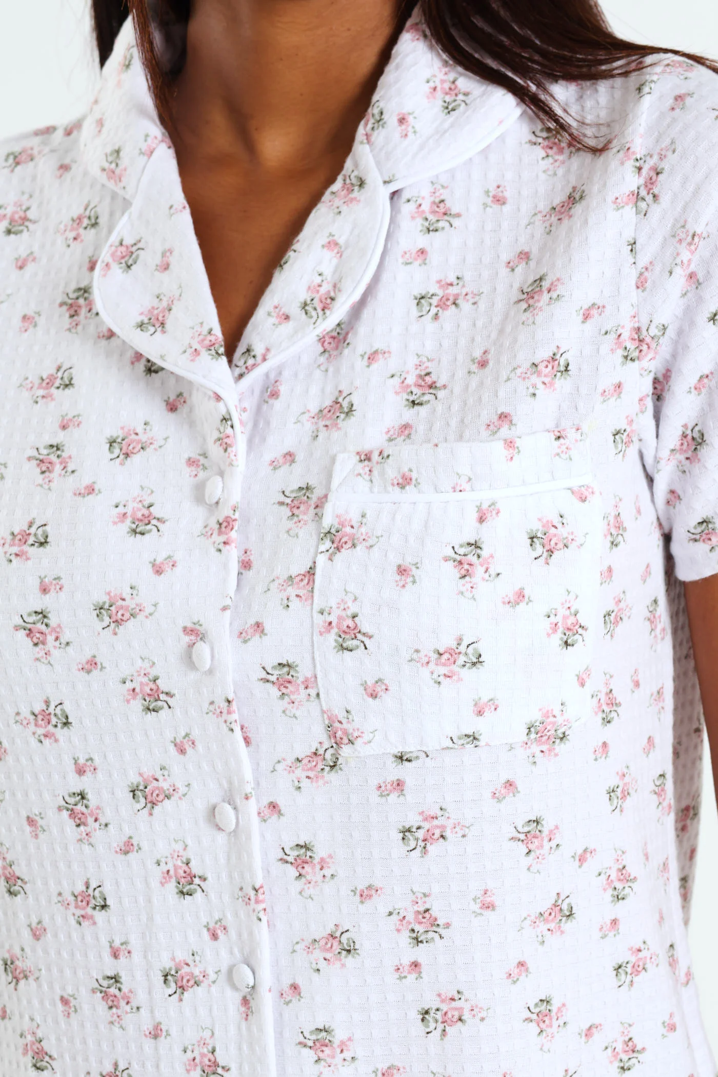 Floral Waffle Button Through & Short Set - White - Image 4