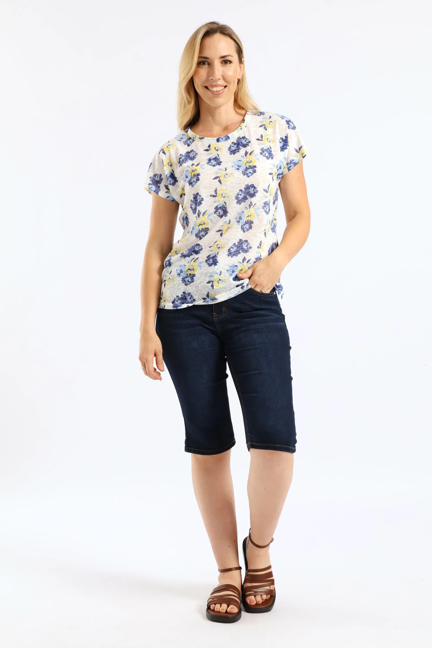 Floral Watercolour Burnout T-Shirt - Yellow/Blue - Image 4