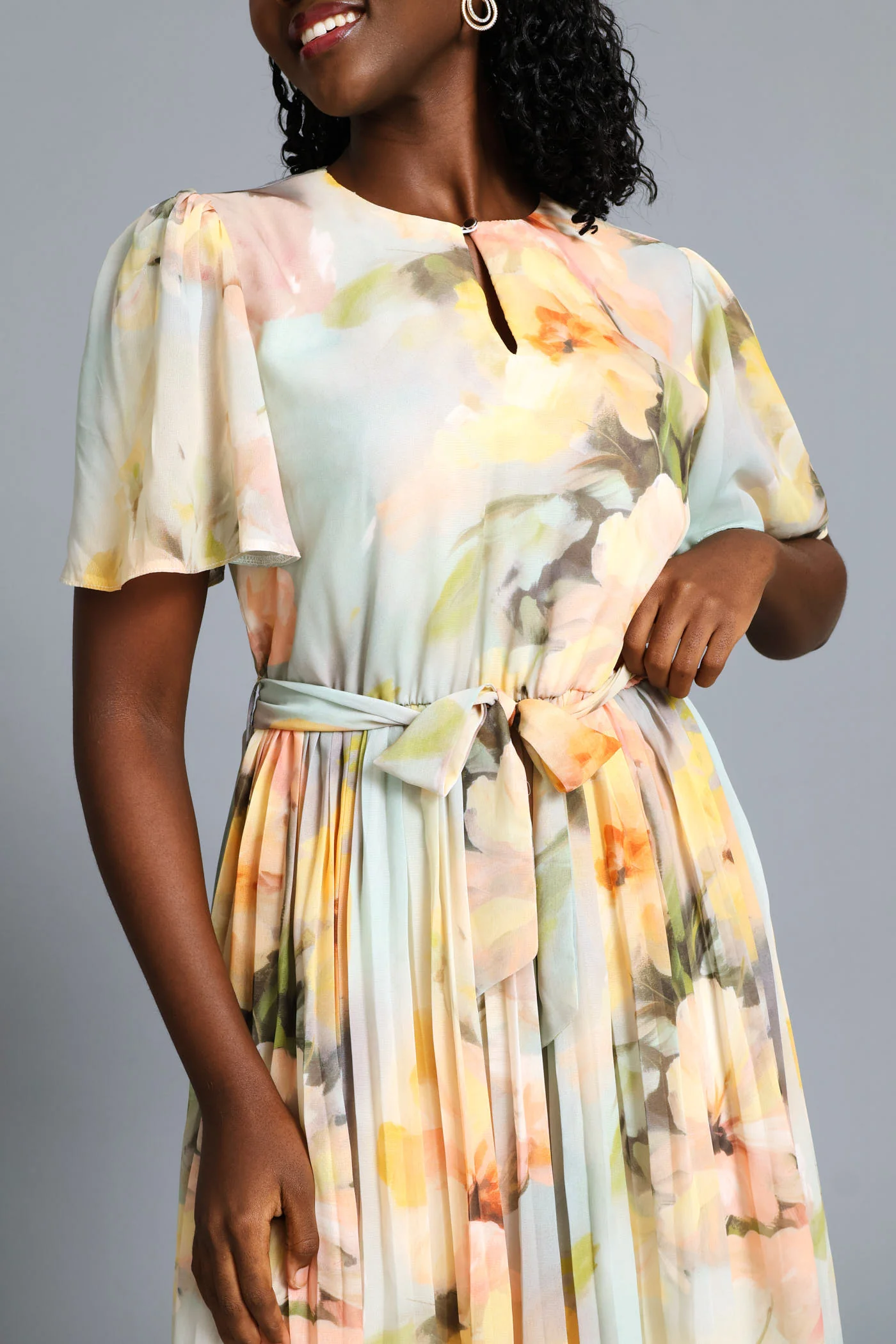 Floral Watercolour Pleated Tea Dress - Cream - Image 2