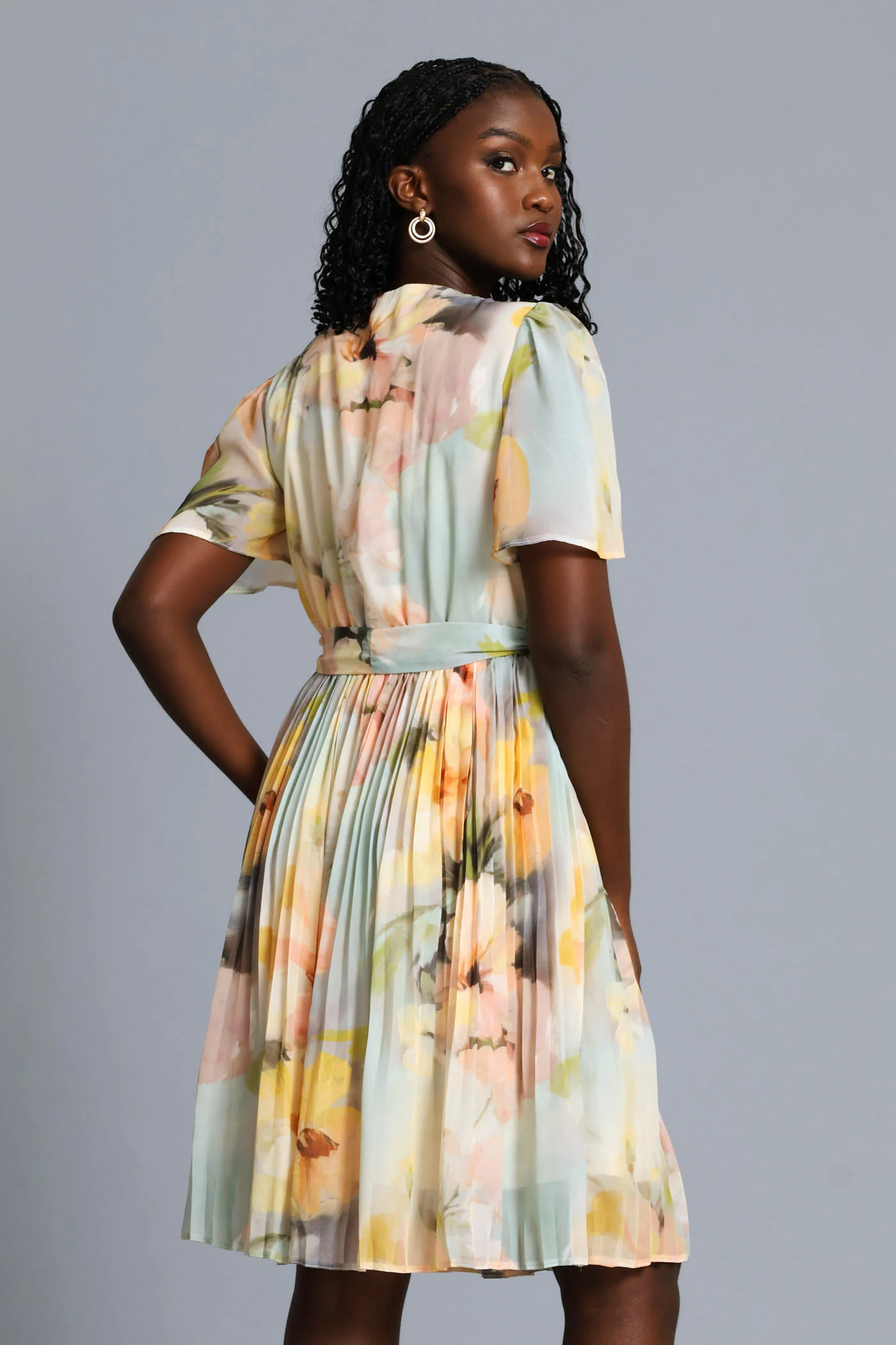 Floral Watercolour Pleated Tea Dress - Cream - Image 3