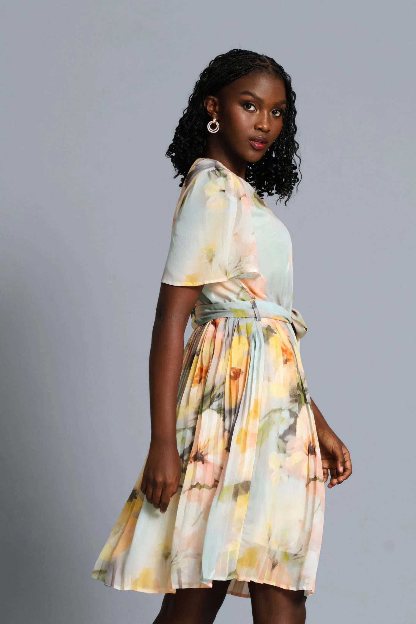 Floral Watercolour Pleated Tea Dress - Cream - Image 4