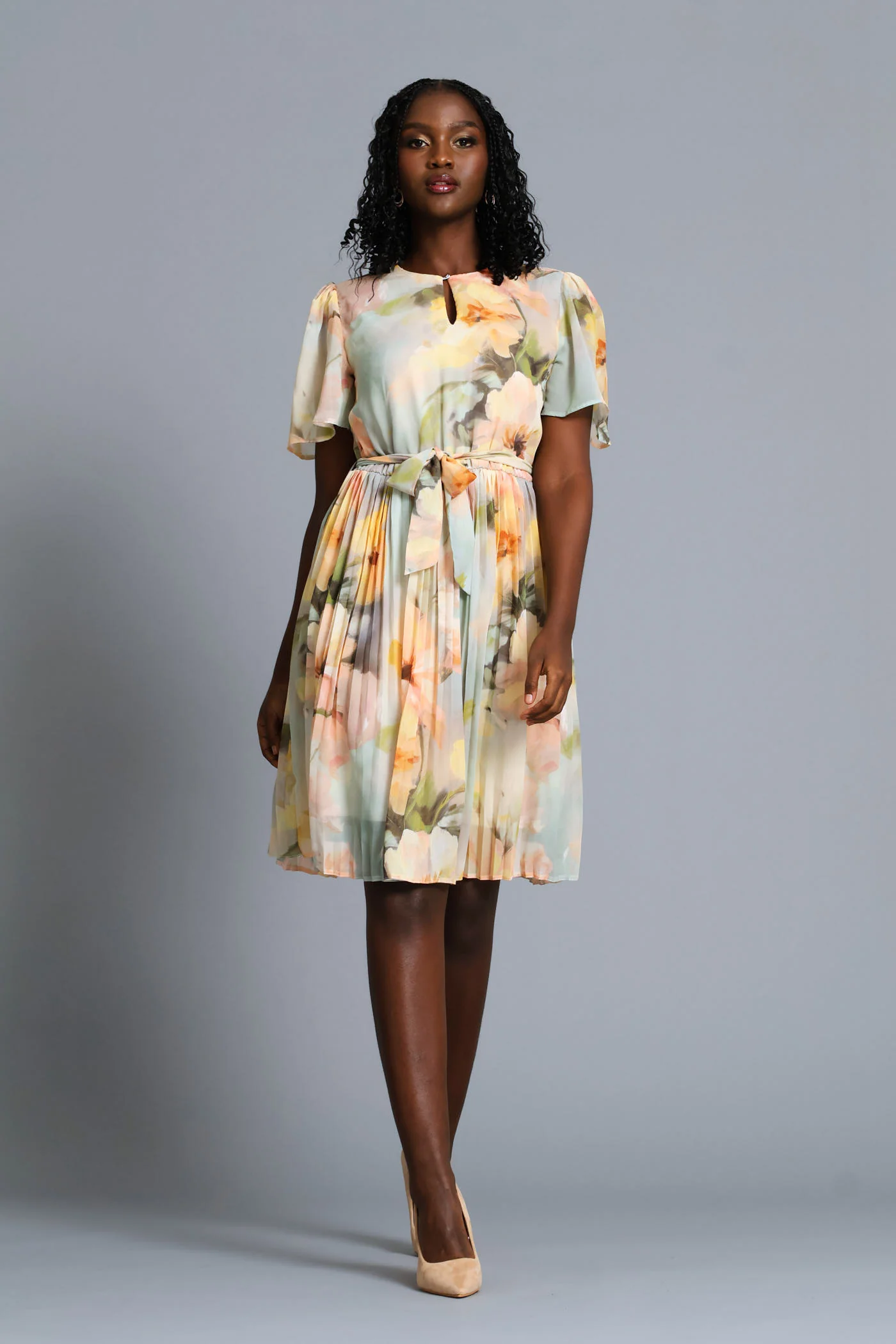 Floral Watercolour Pleated Tea Dress - Cream - Image 5